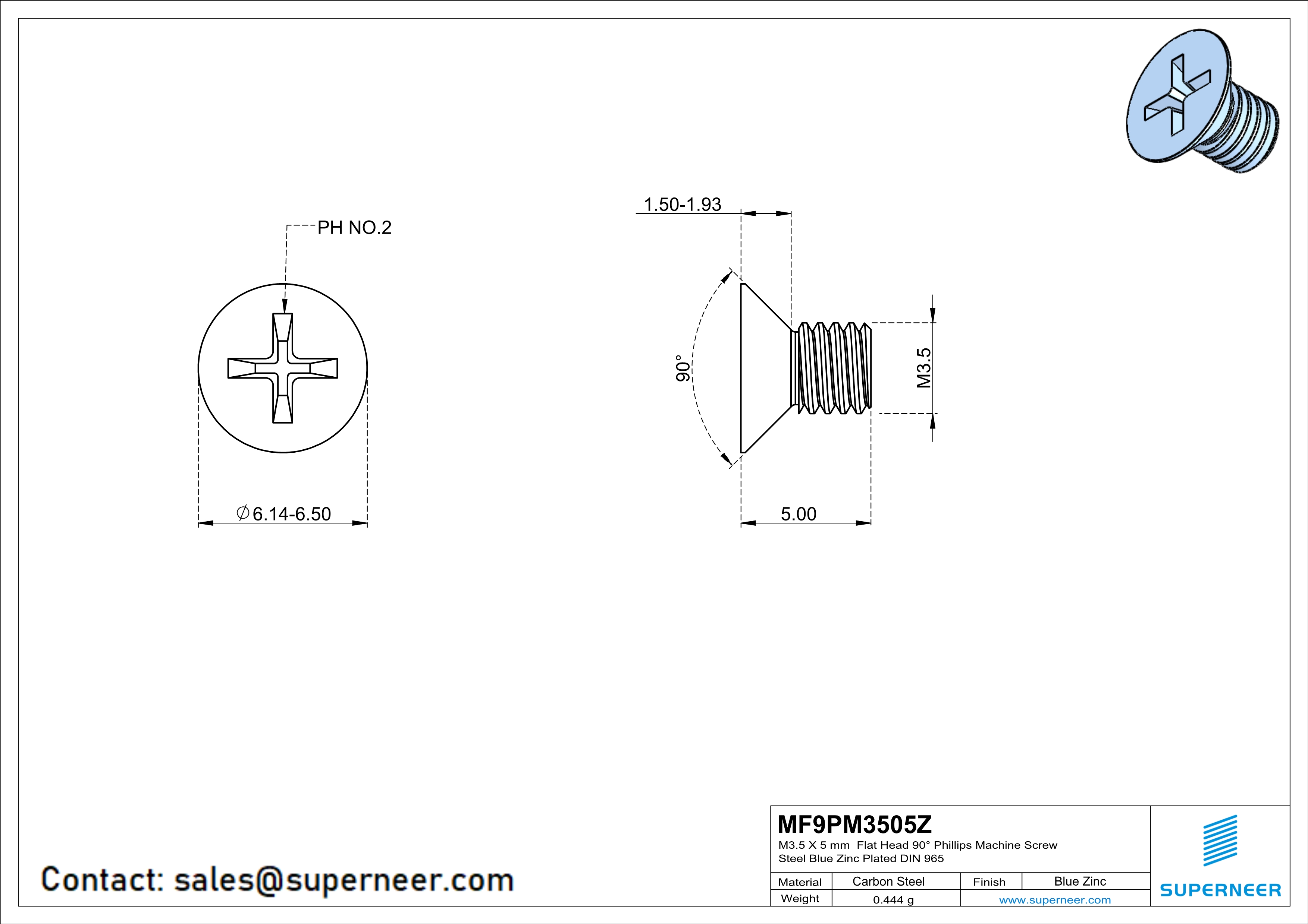 M3.5 x 5 mm Flat Head 90° Phillips Machine Screw Steel Blue Zinc Plated DIN 965
