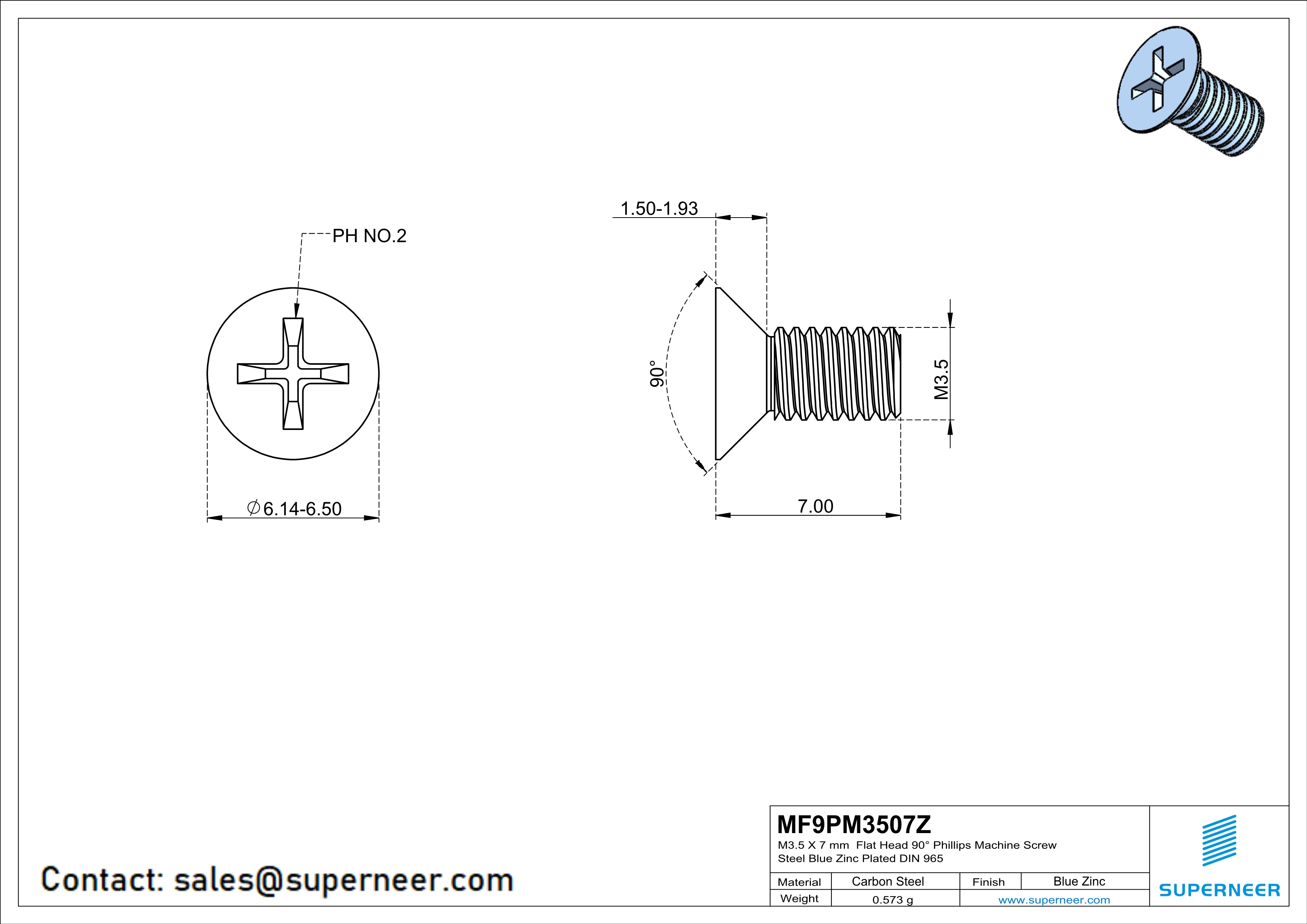 M3.5 x 7 mm Flat Head 90° Phillips Machine Screw Steel Blue Zinc Plated DIN 965