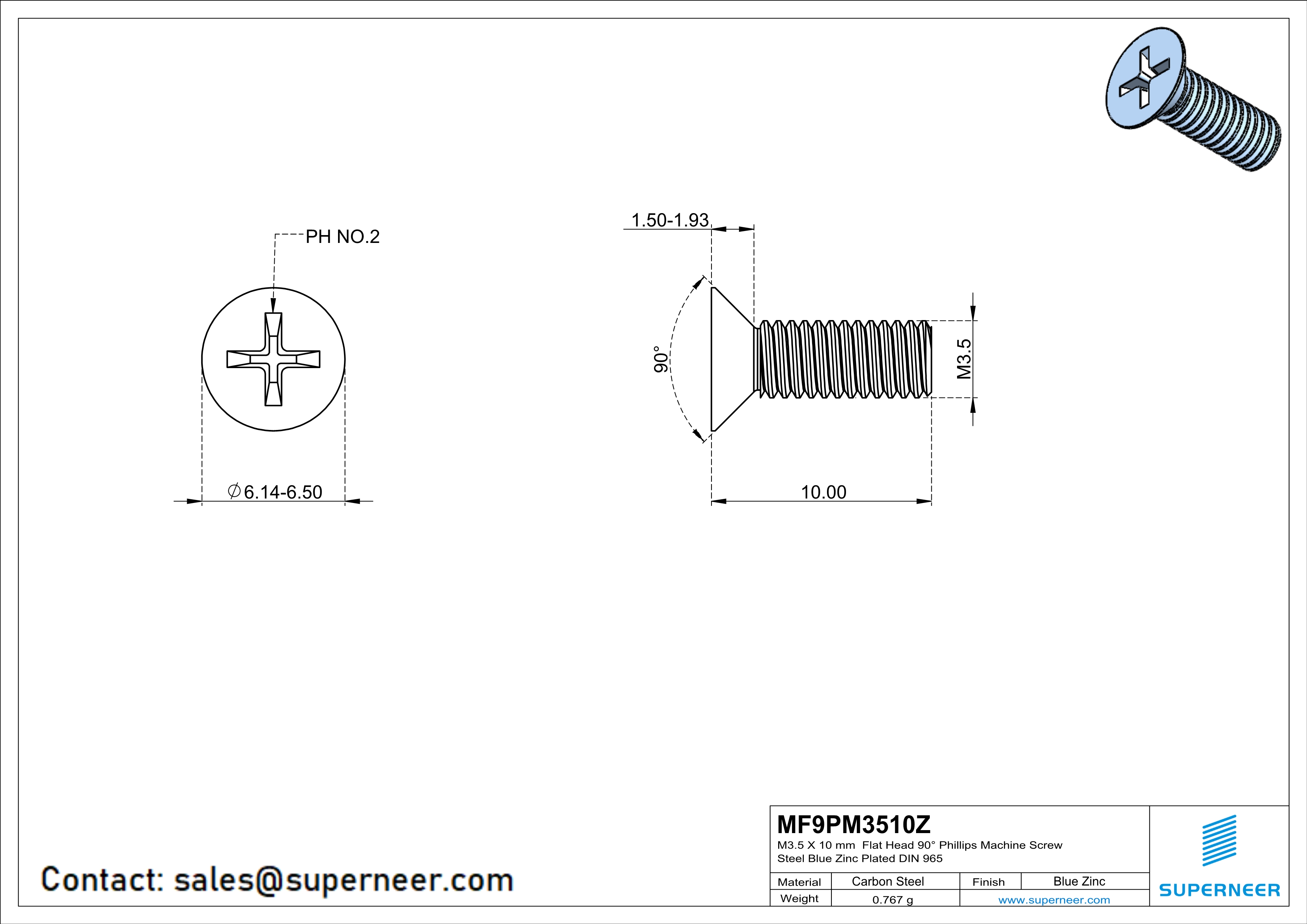 M3.5 x 10 mm Flat Head 90° Phillips Machine Screw Steel Blue Zinc Plated DIN 965