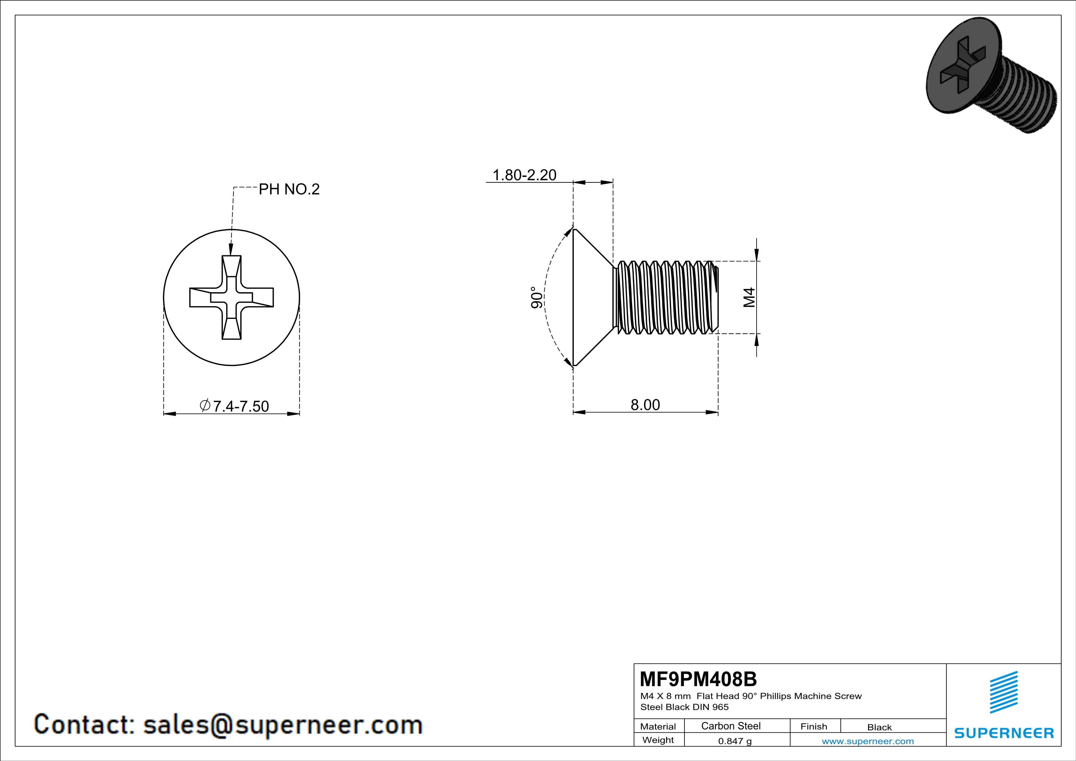 M4 x 8 mm Flat Head 90° Phillips Machine Screw Steel Black DIN 965