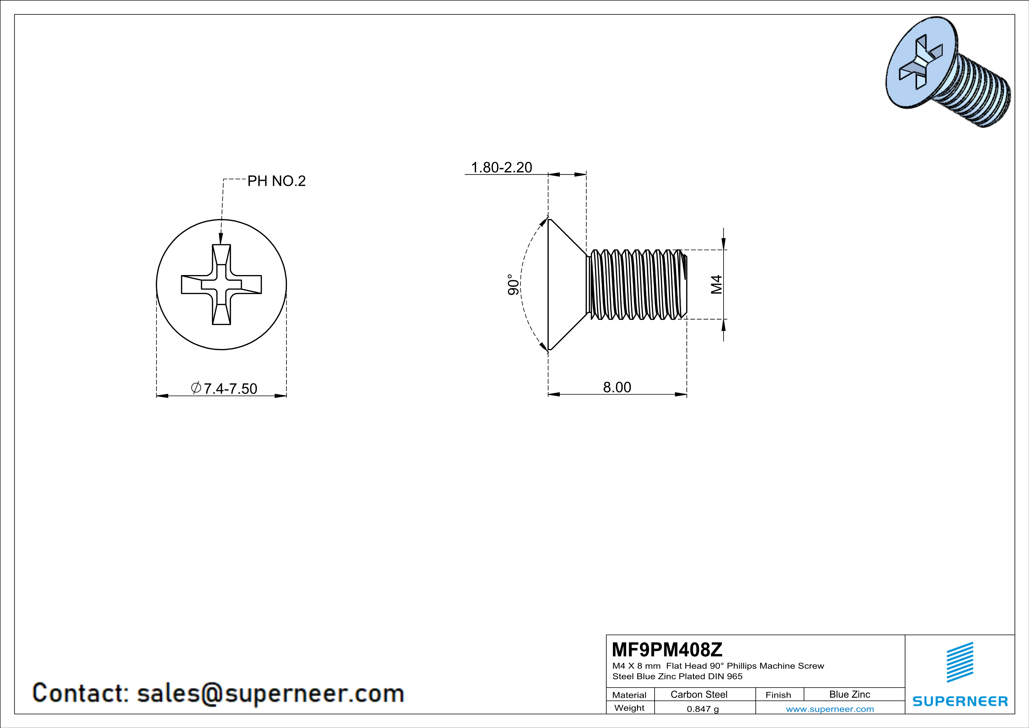 M4 x 8 mm Flat Head 90° Phillips Machine Screw Steel Blue Zinc Plated DIN 965