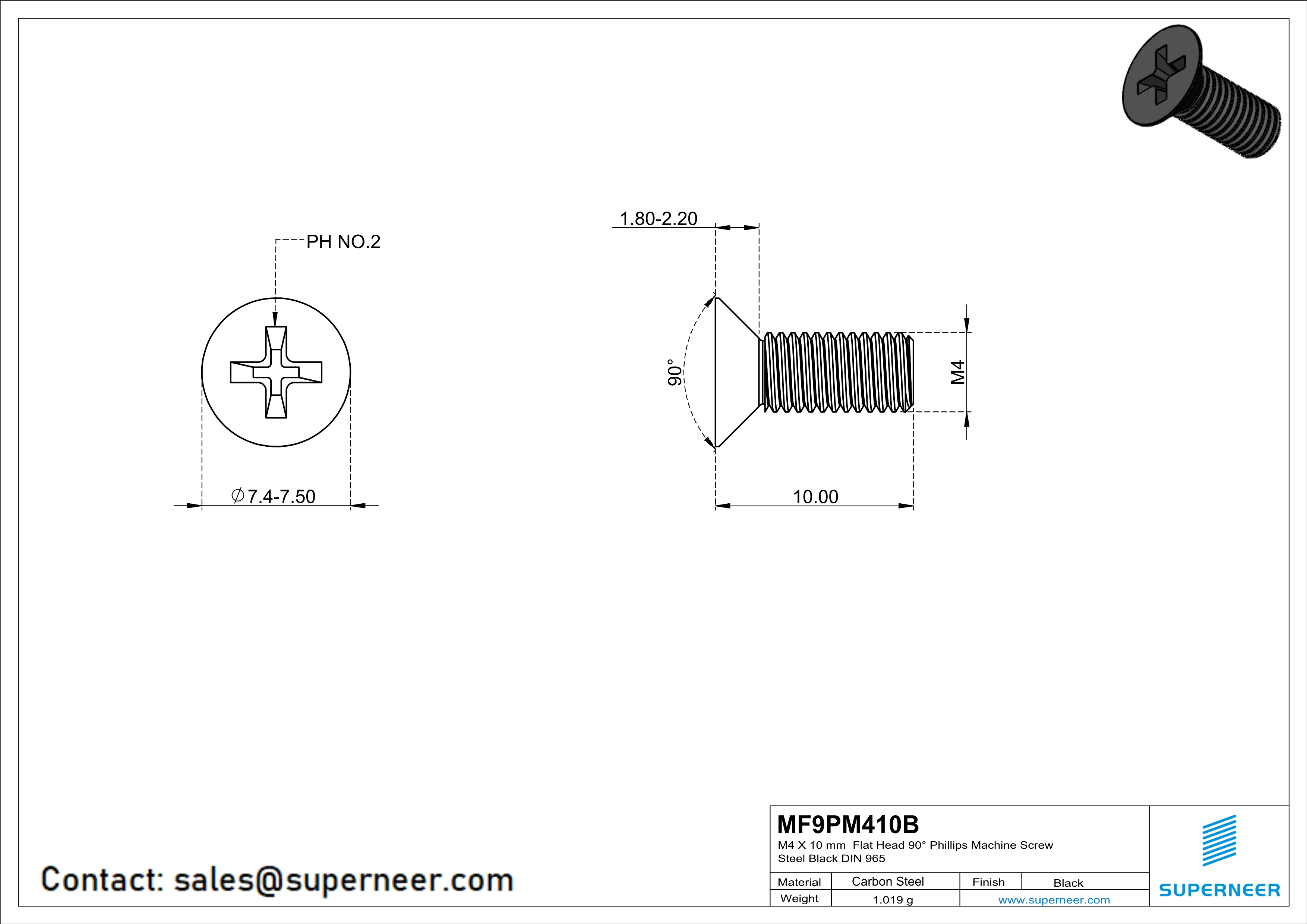 M4 x 10 mm Flat Head 90° Phillips Machine Screw Steel Black DIN 965