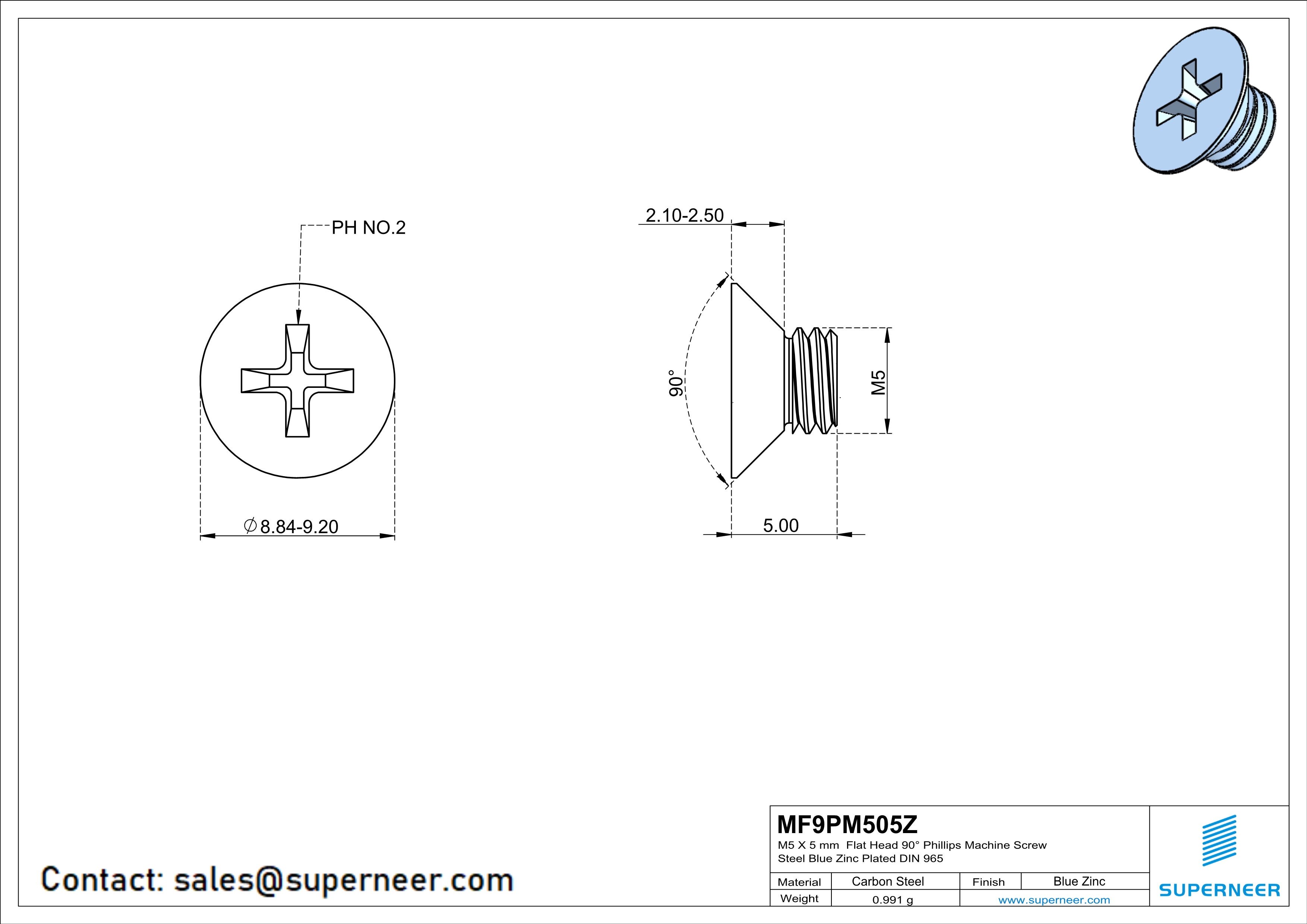M5 x 5 mm Flat Head 90° Phillips Machine Screw Steel Blue Zinc Plated DIN 965