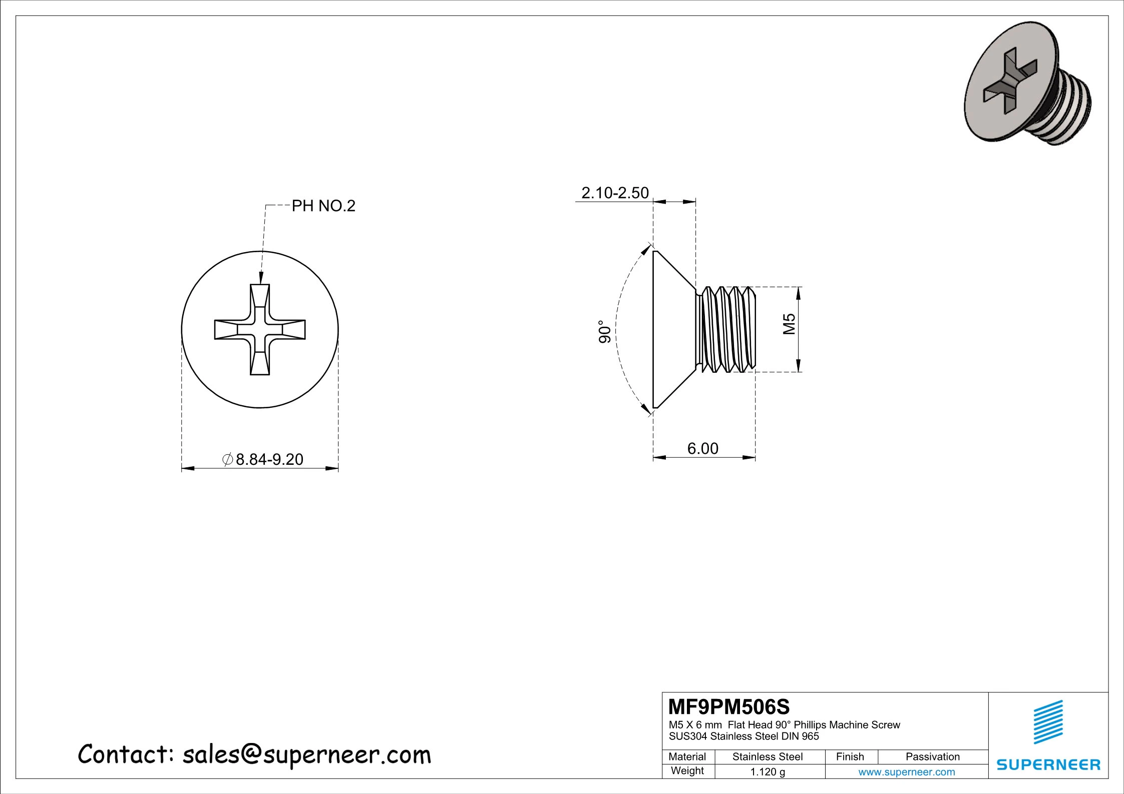 M5 x 6 mm  Flat Head 90° Phillips Machine Screw SUS304 Stainless Steel Inox DIN 965