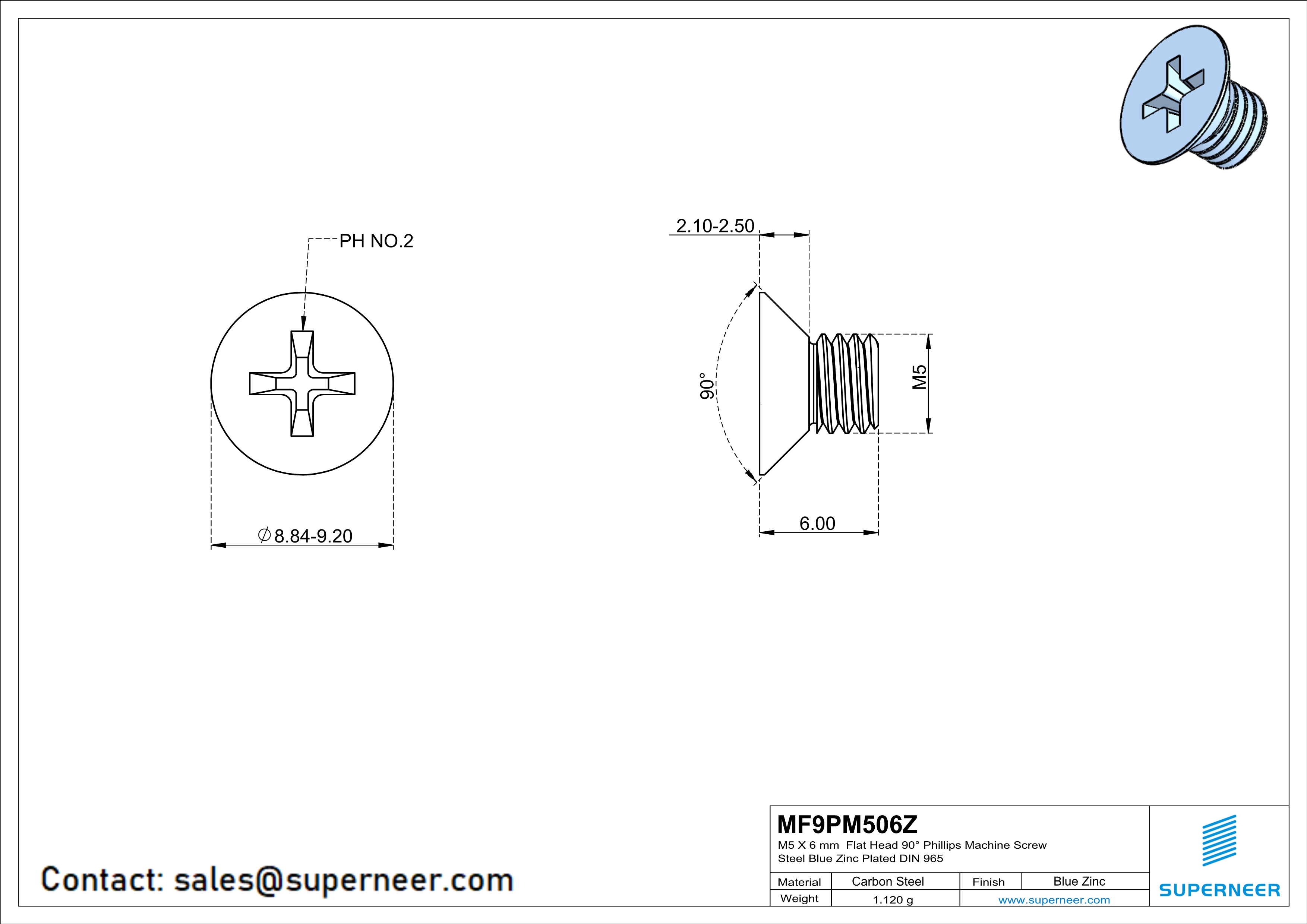 M5 x 6 mm Flat Head 90° Phillips Machine Screw Steel Blue Zinc Plated DIN 965