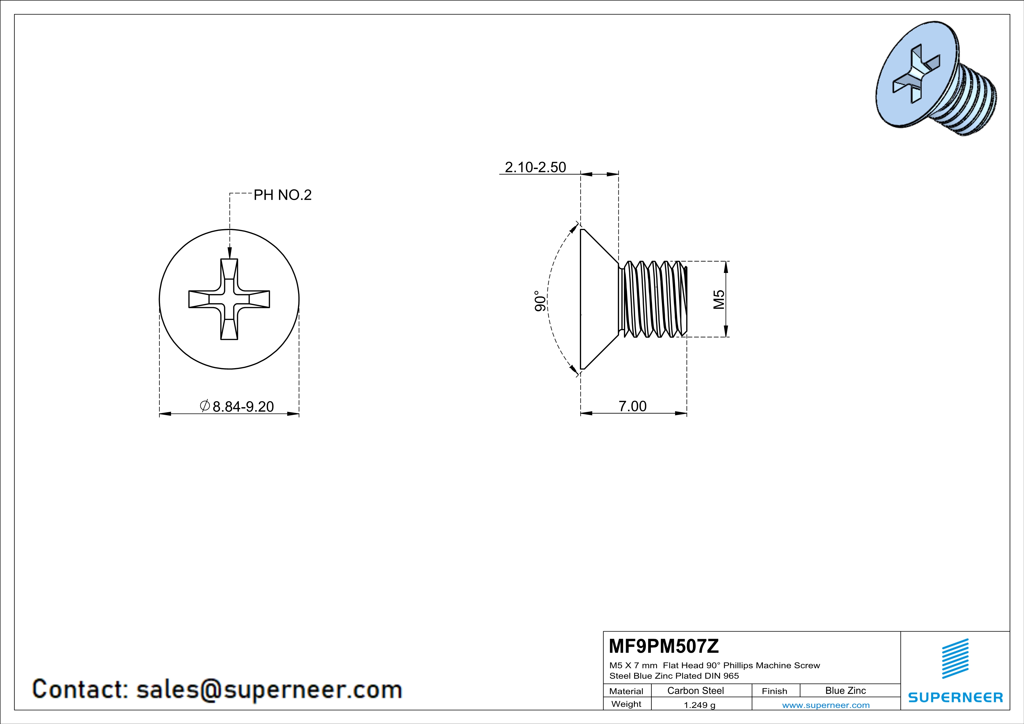 M5 x 7 mm Flat Head 90° Phillips Machine Screw Steel Blue Zinc Plated DIN 965