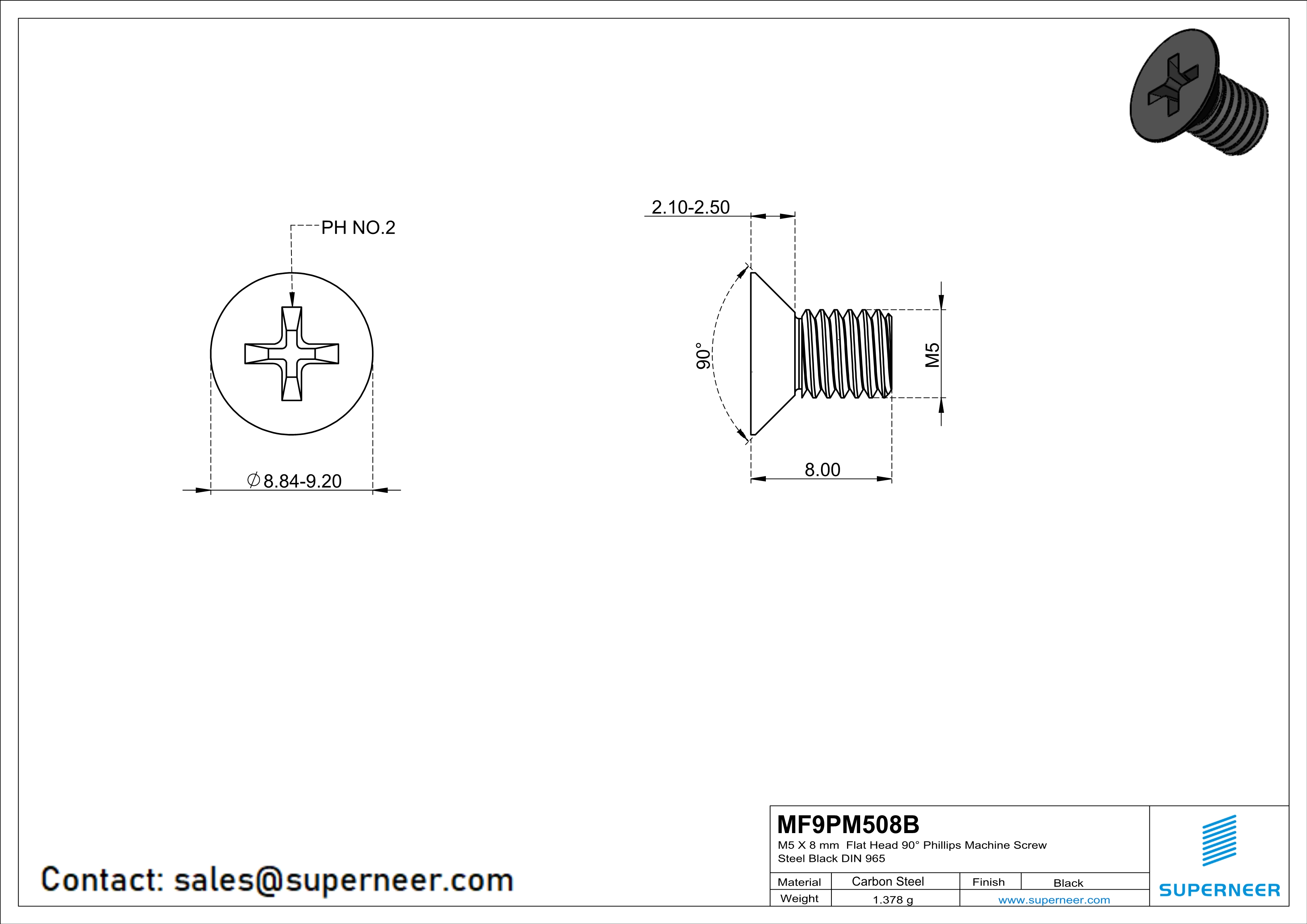 M5 x 8 mm Flat Head 90° Phillips Machine Screw Steel Black DIN 965