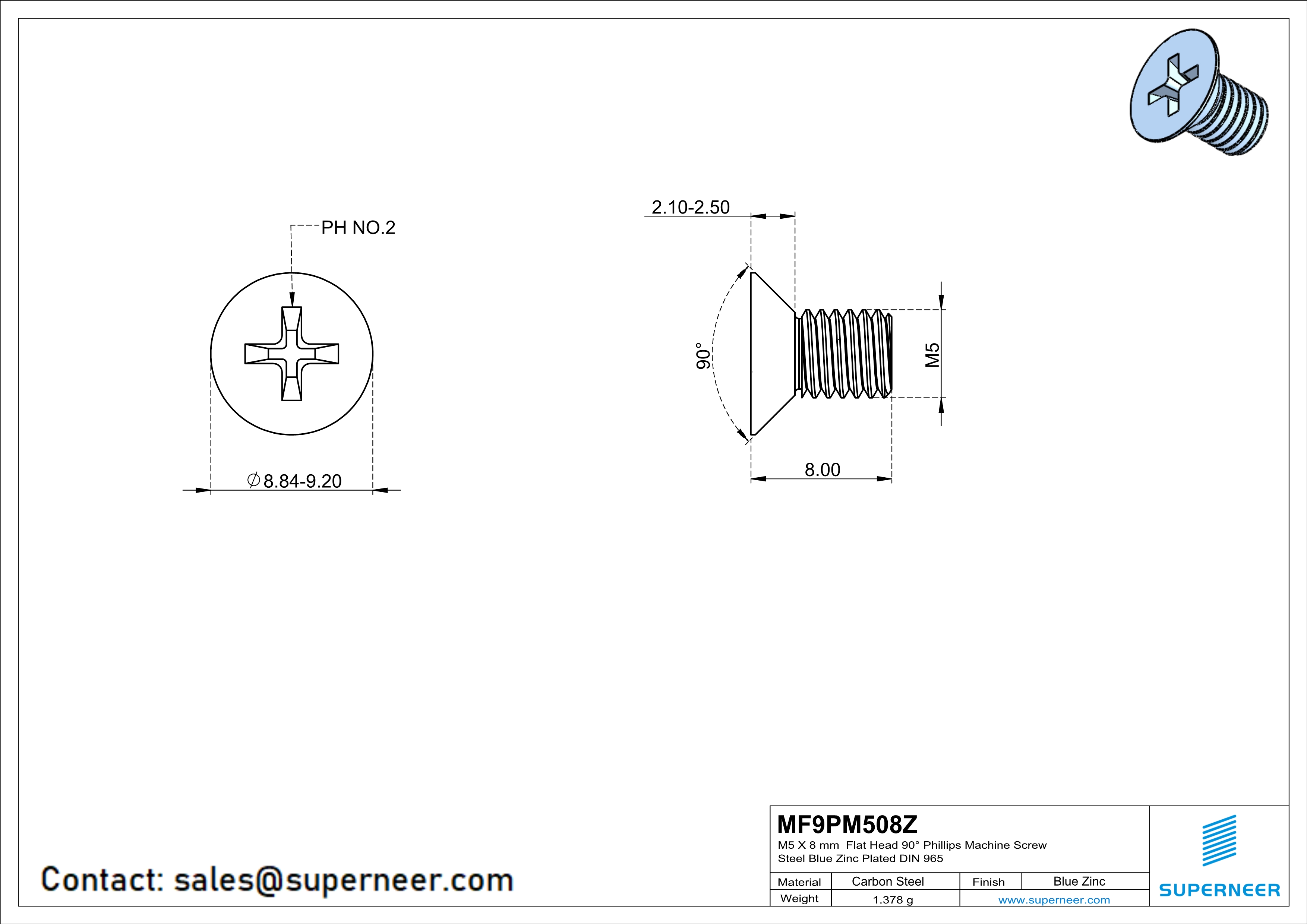 M5 x 8 mm Flat Head 90° Phillips Machine Screw Steel Blue Zinc Plated DIN 965
