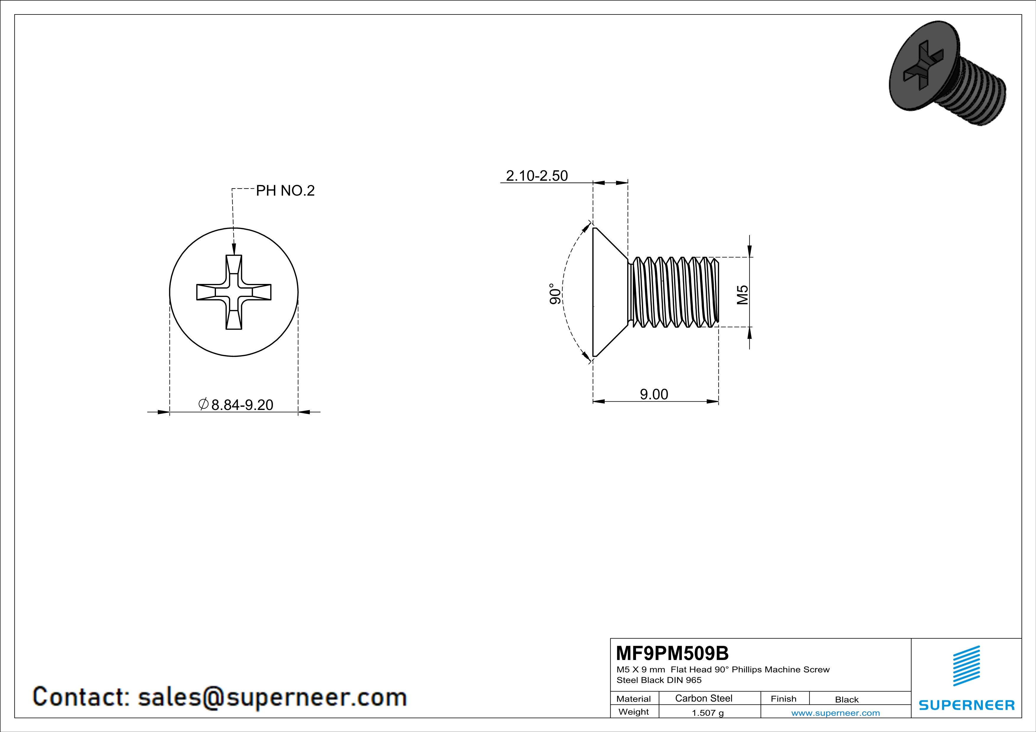 M5 x 9 mm Flat Head 90° Phillips Machine Screw Steel Black DIN 965