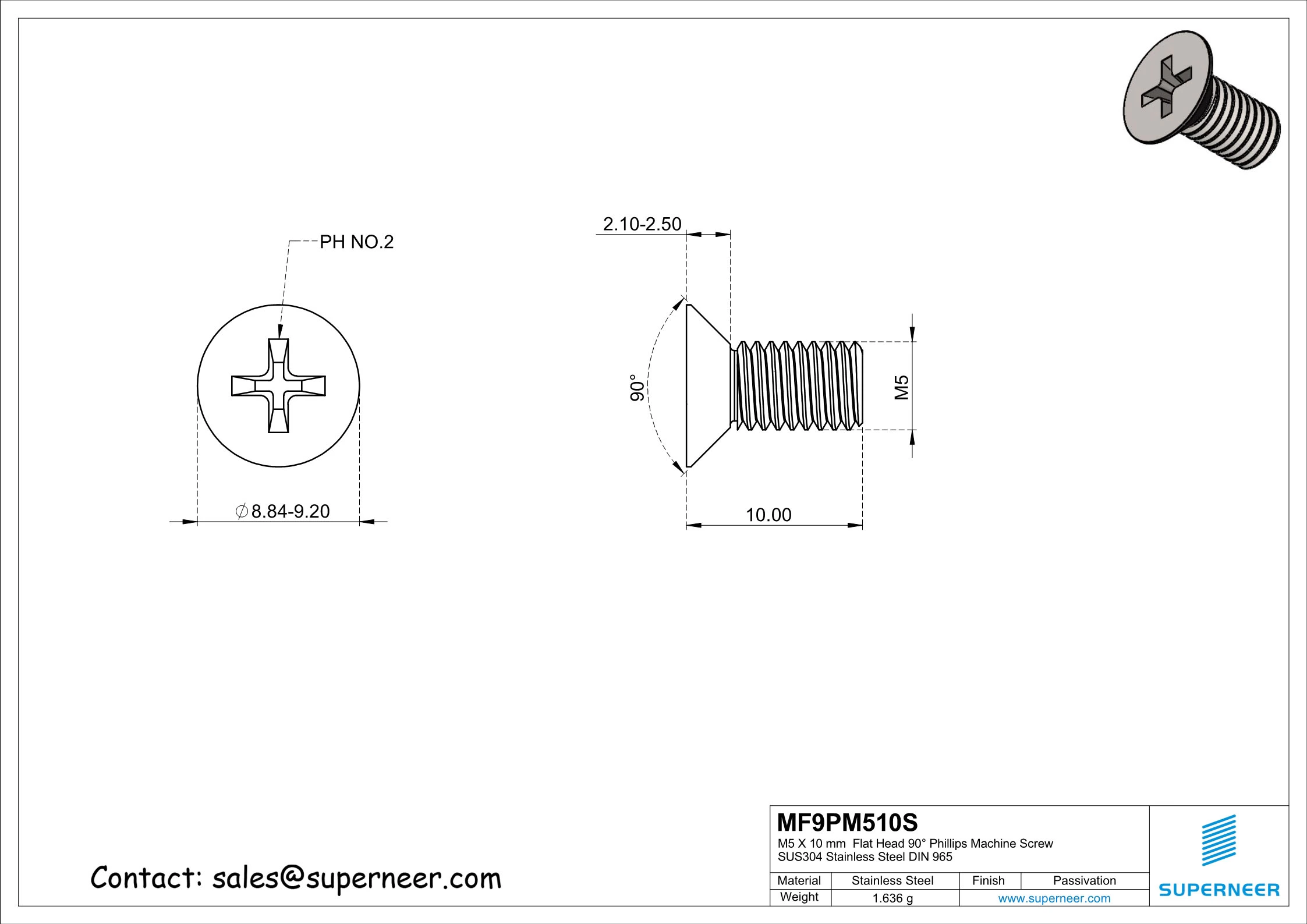 M5 x 10 mm  Flat Head 90° Phillips Machine Screw SUS304 Stainless Steel Inox DIN 965