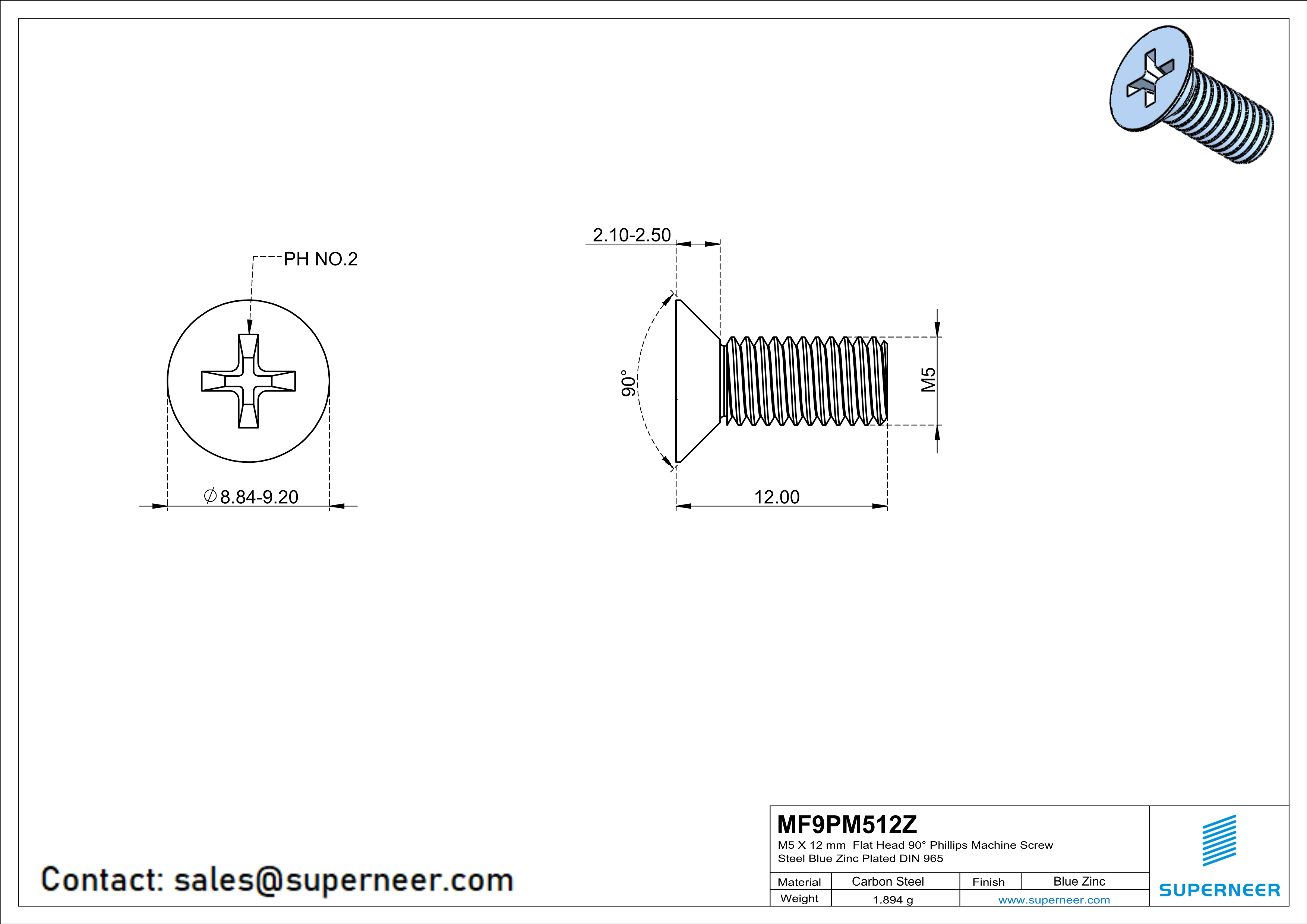 M5 x 12 mm Flat Head 90° Phillips Machine Screw Steel Blue Zinc Plated DIN 965