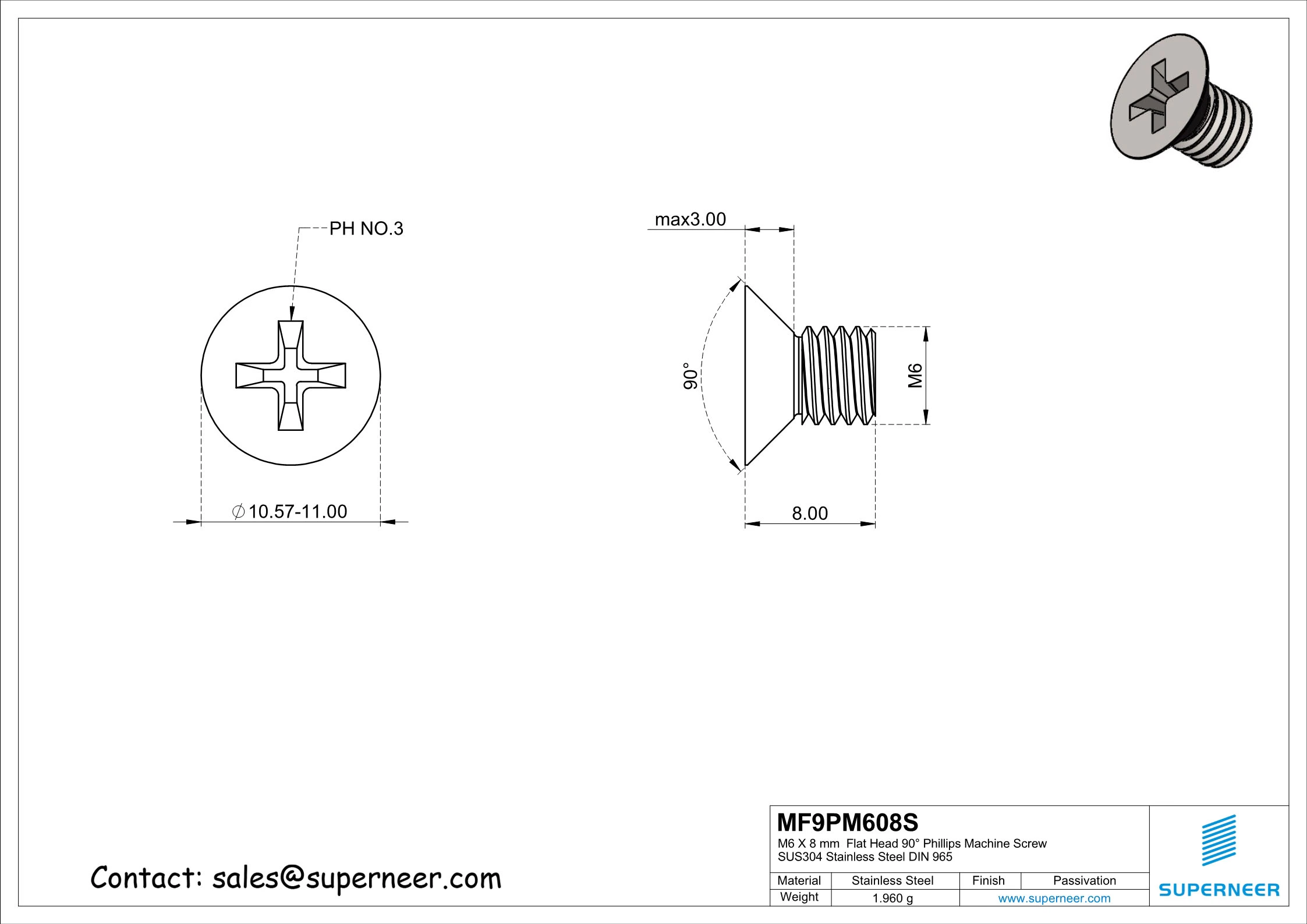 M6 x 8 mm  Flat Head 90° Phillips Machine Screw SUS304 Stainless Steel Inox DIN 965