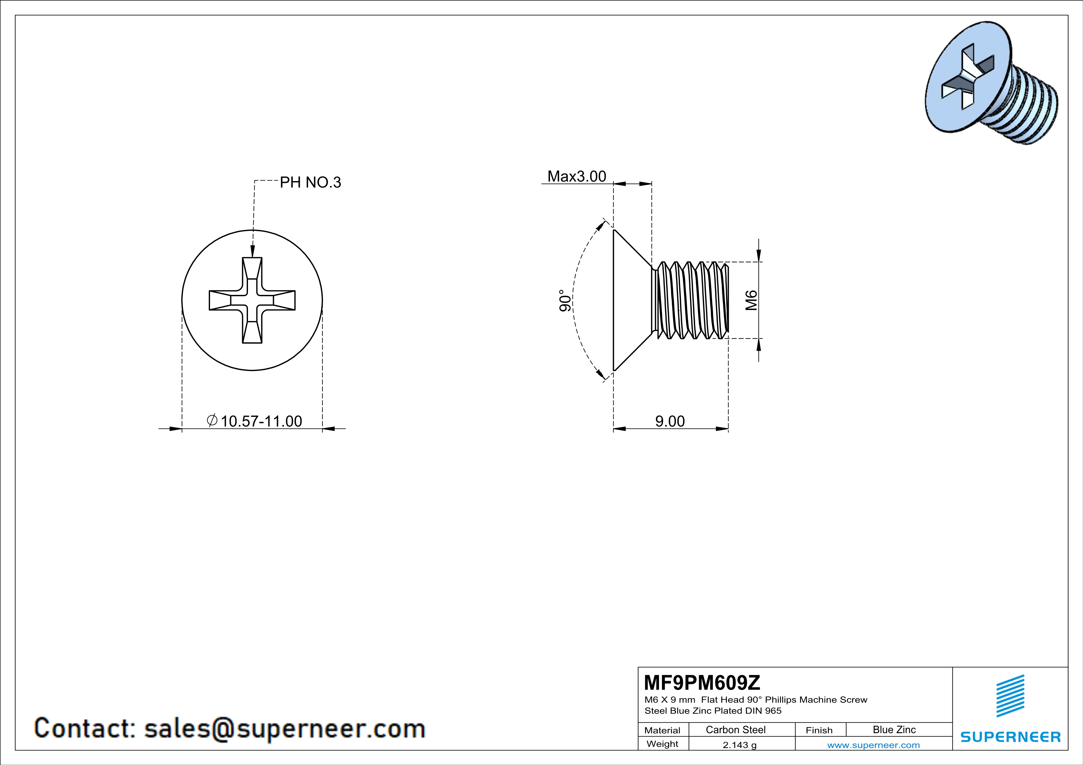 M6 x 9 mm Flat Head 90° Phillips Machine Screw Steel Blue Zinc Plated DIN 965