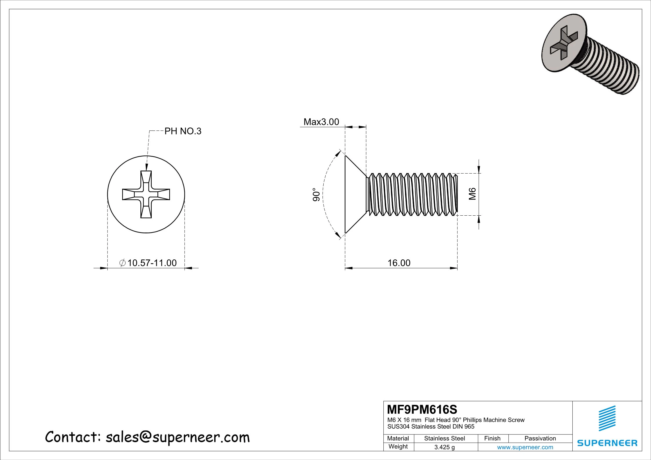 M6 x 16mm  Flat Head 90° Phillips Machine Screw SUS304 Stainless Steel Inox DIN 965