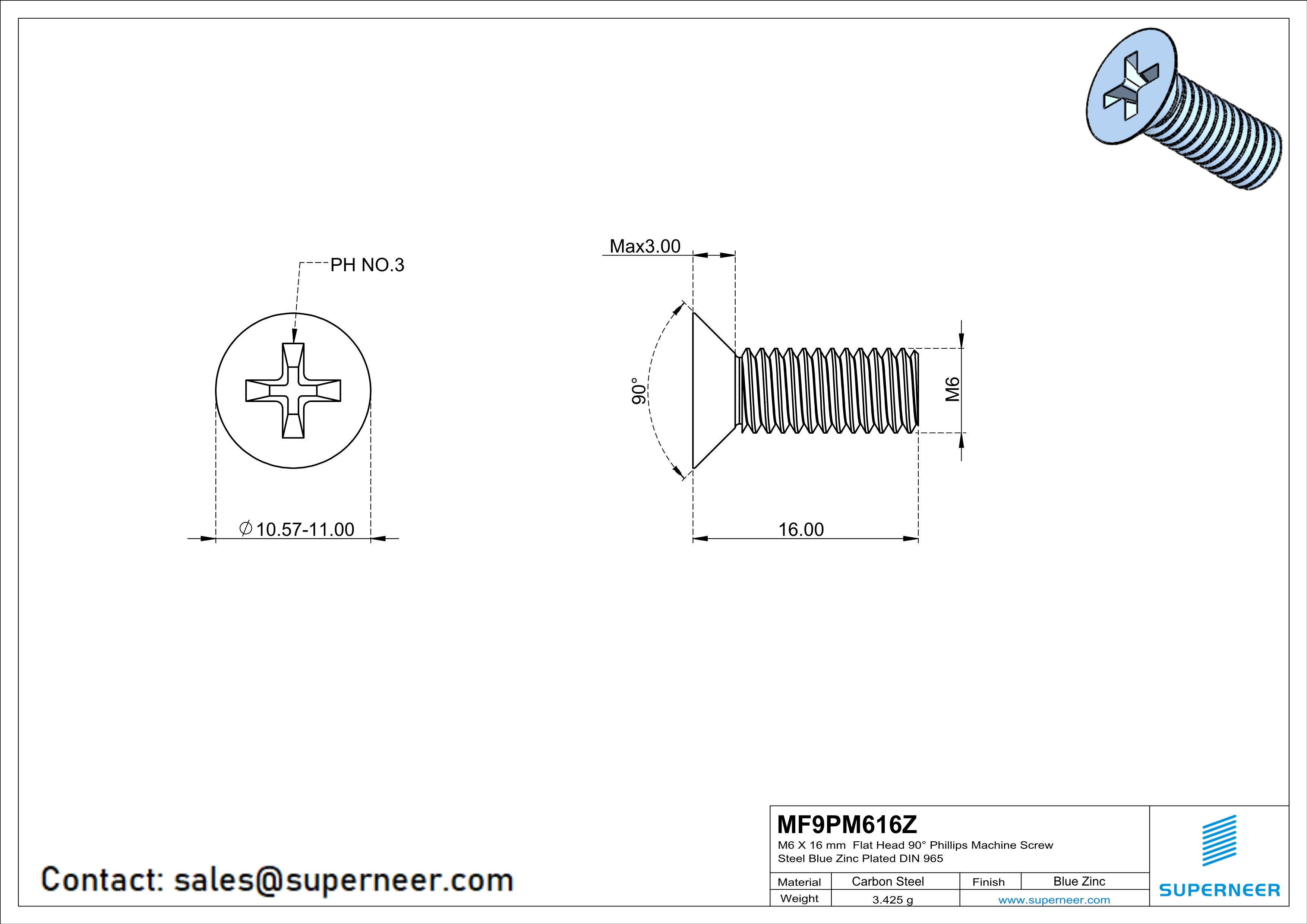 M6 x 16mm Flat Head 90° Phillips Machine Screw Steel Blue Zinc Plated DIN 965