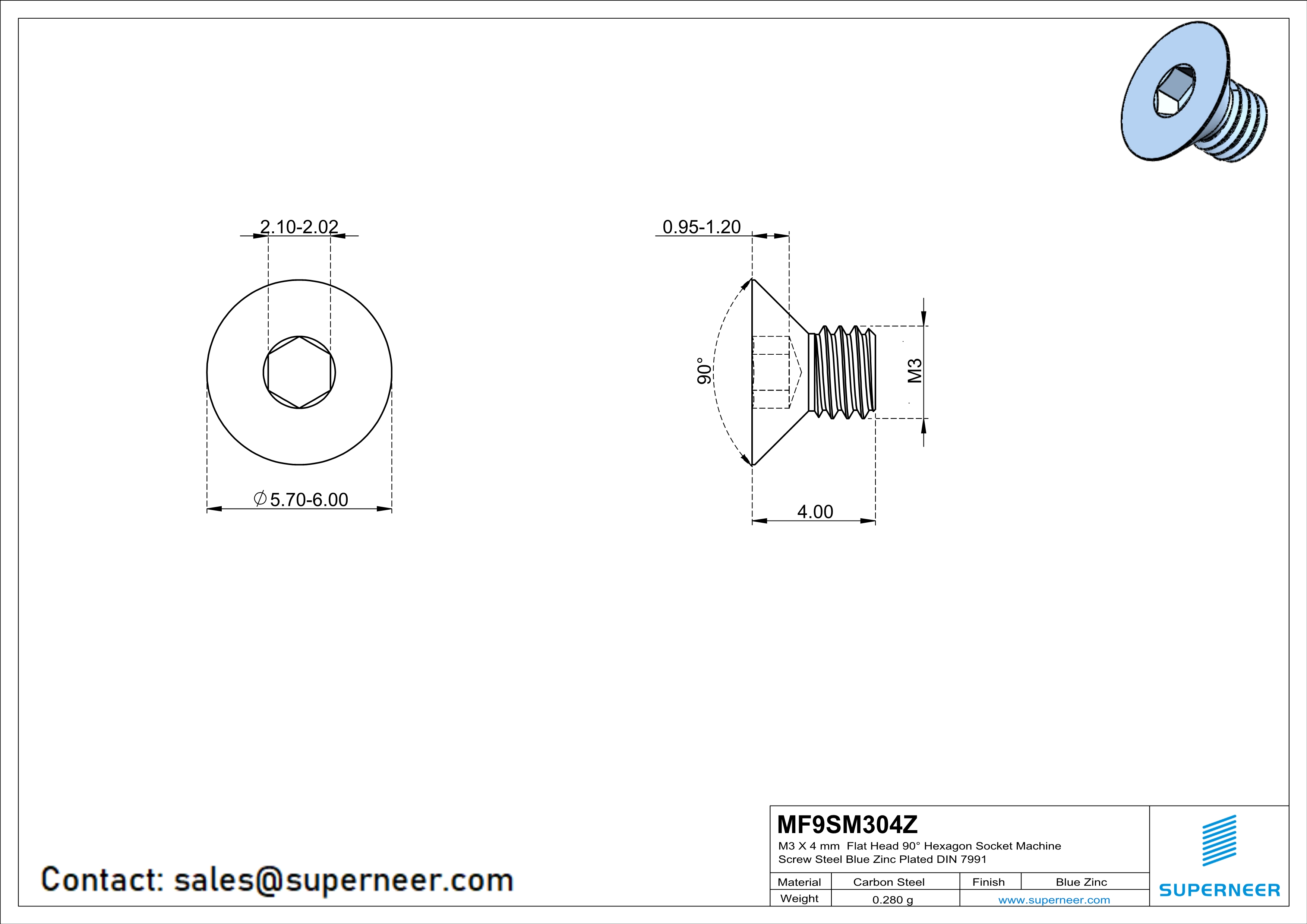 M3 x 4 mm Flat Head 90° Hexagon Socket Machine Screw Steel Blue Zinc Plated DIN 7991