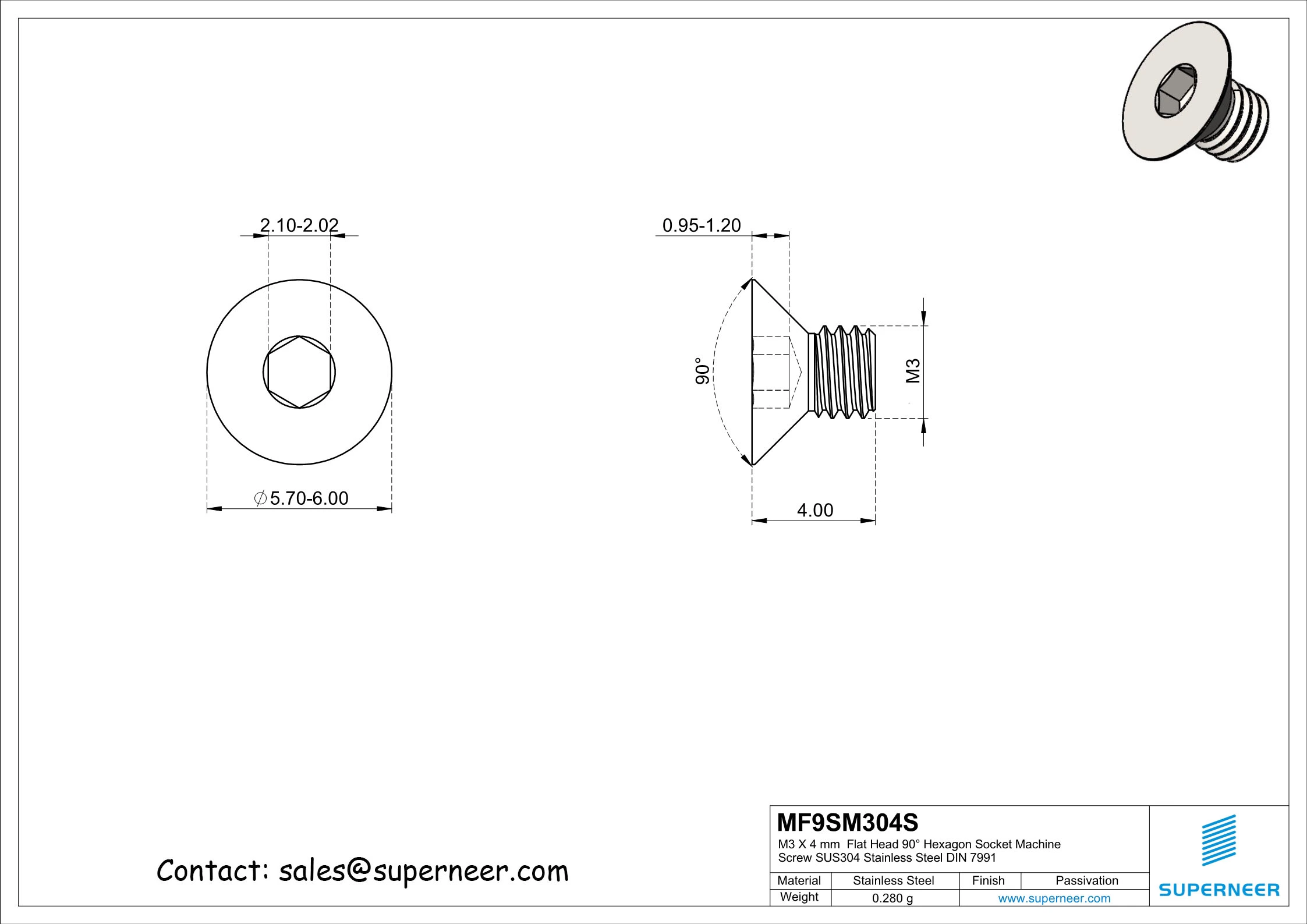 M3 x 4 mm Flat Head 90° Hexagon Socket Machine Screw SUS304 Stainless Steel Inox DIN 7991