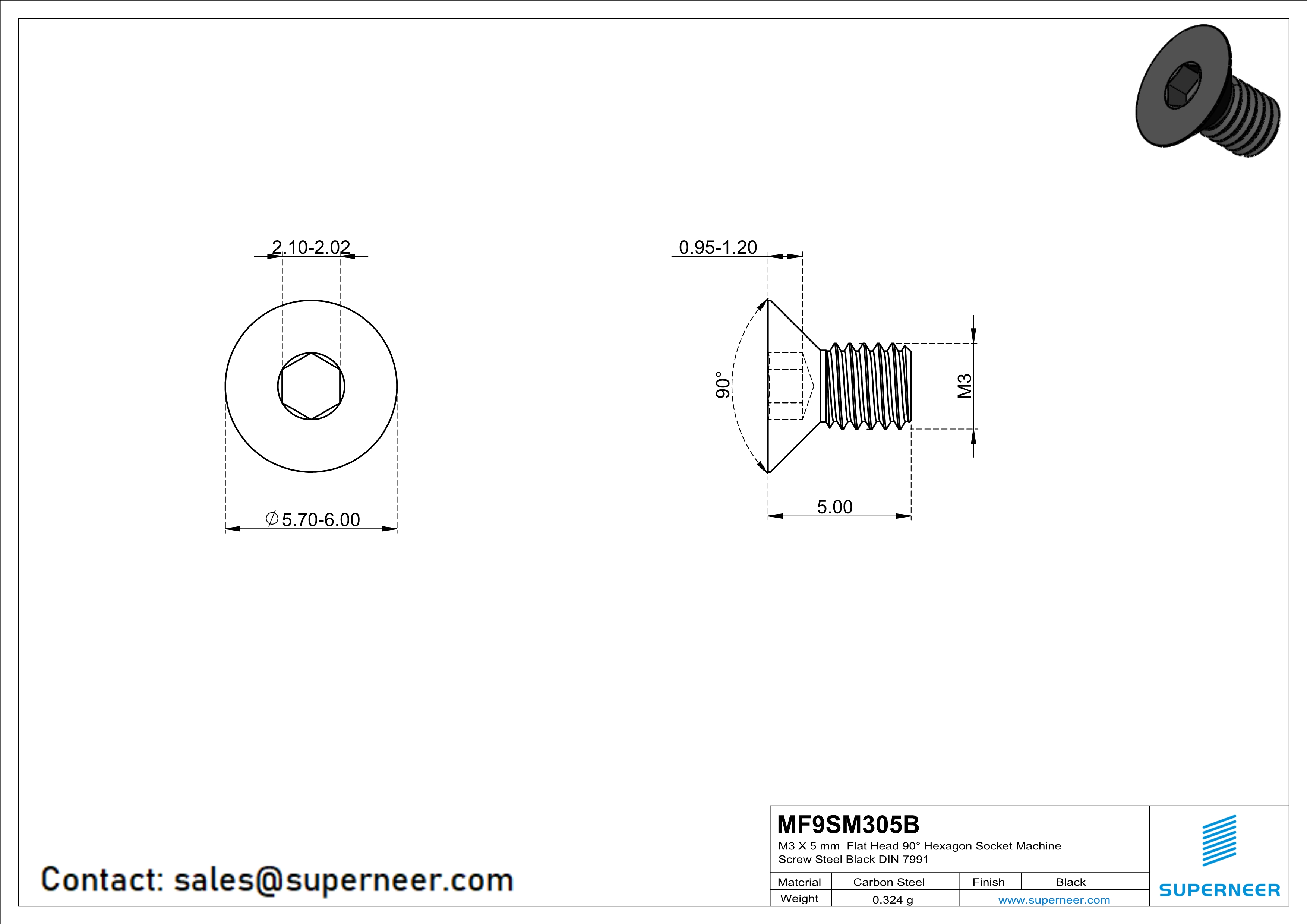 M3 x 5 mm Flat Head 90° Hexagon Socket Machine Screw Steel Black DIN 7991