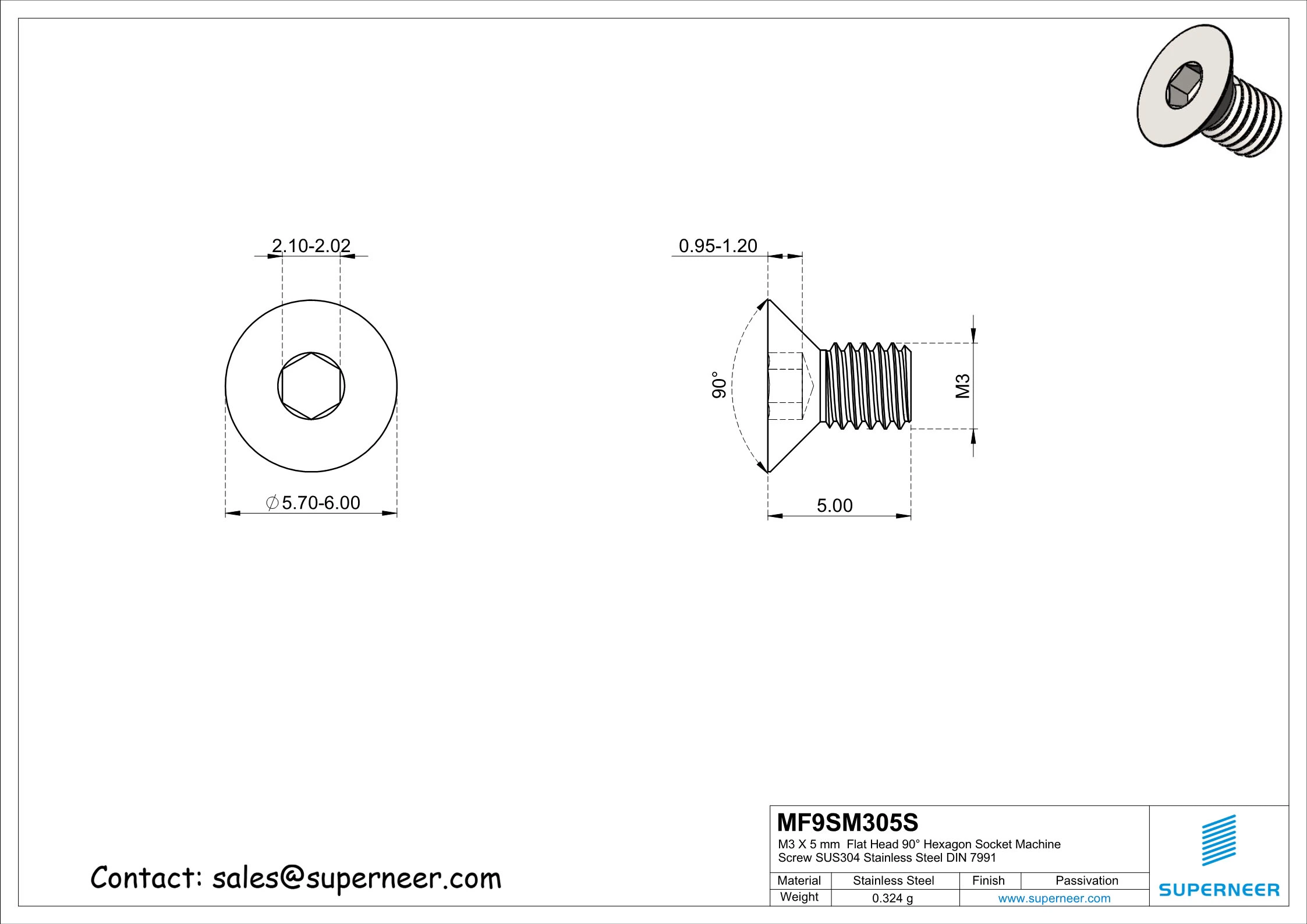 M3 x 5 mm Flat Head 90° Hexagon Socket Machine Screw SUS304 Stainless Steel Inox DIN 7991