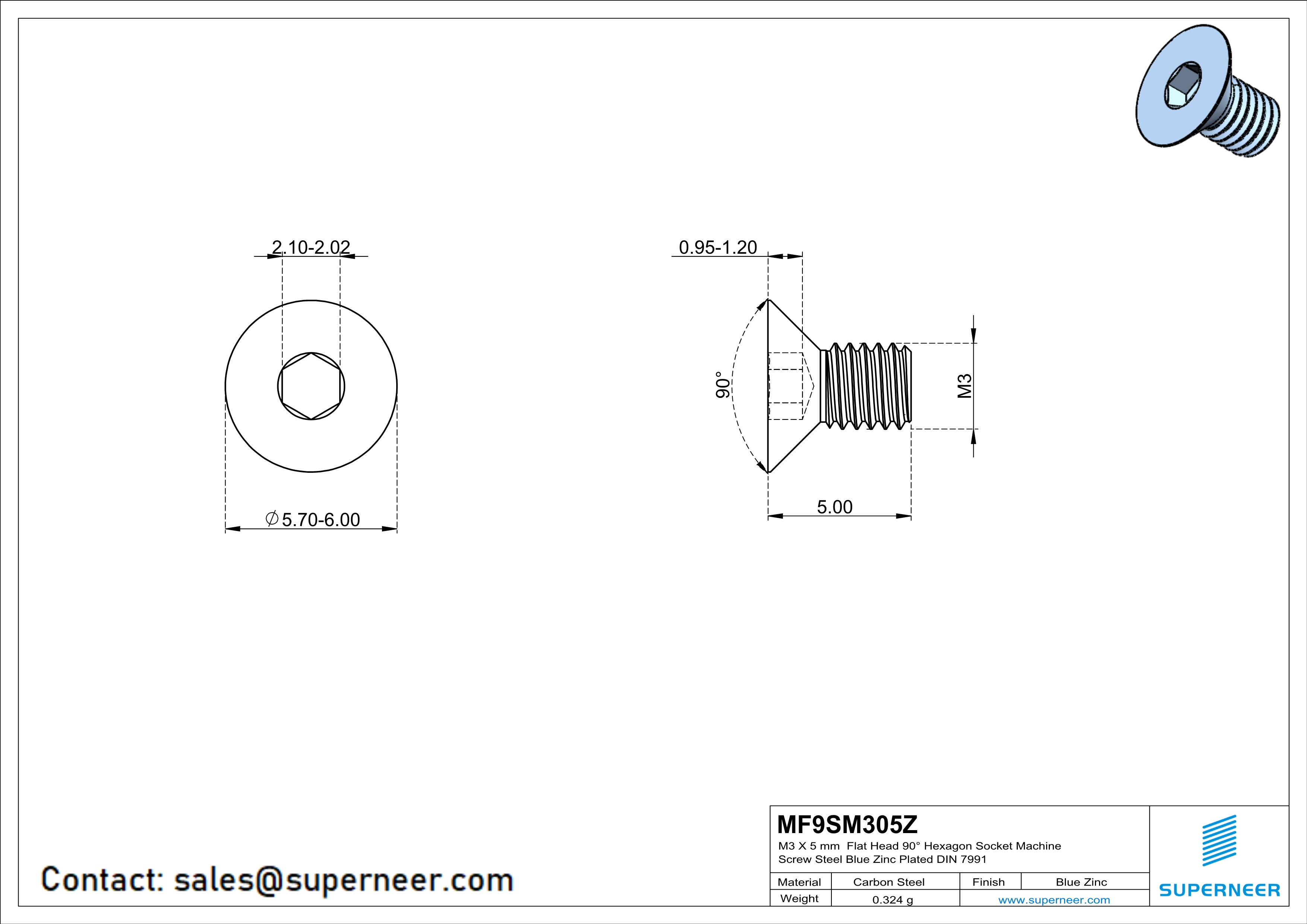 M3 x 5 mm Flat Head 90° Hexagon Socket Machine Screw Steel Blue Zinc Plated DIN 7991