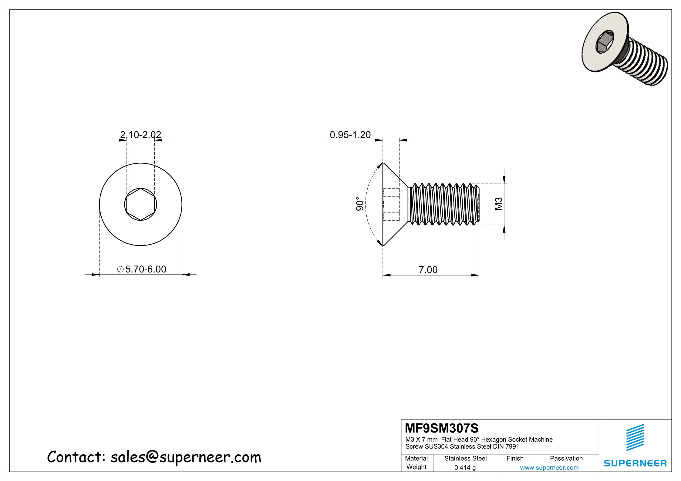 M3 x 7 mm Flat Head 90° Hexagon Socket Machine Screw SUS304 Stainless Steel Inox DIN 7991