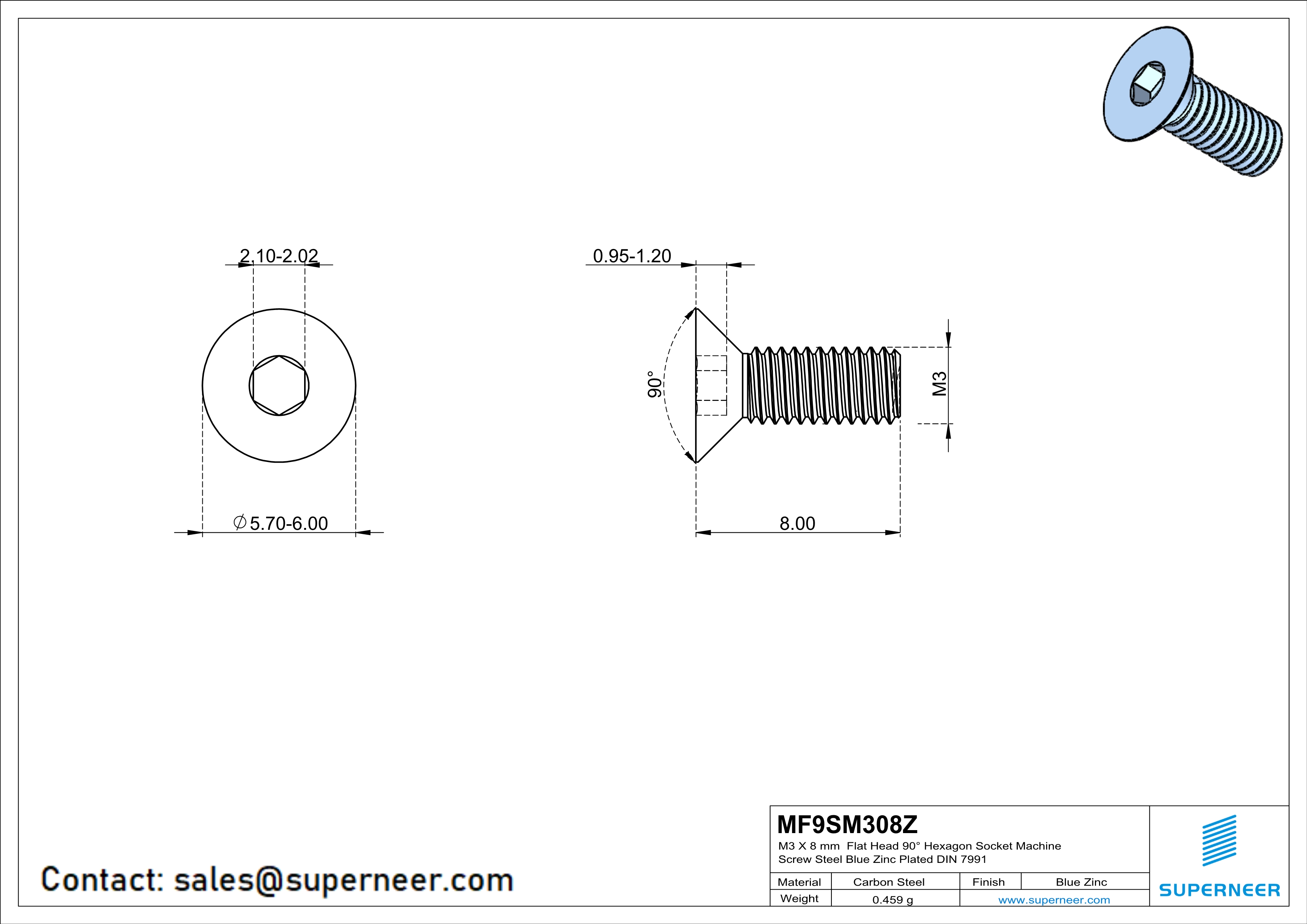 M3 x 8 mm Flat Head 90° Hexagon Socket Machine Screw Steel Blue Zinc Plated DIN 7991