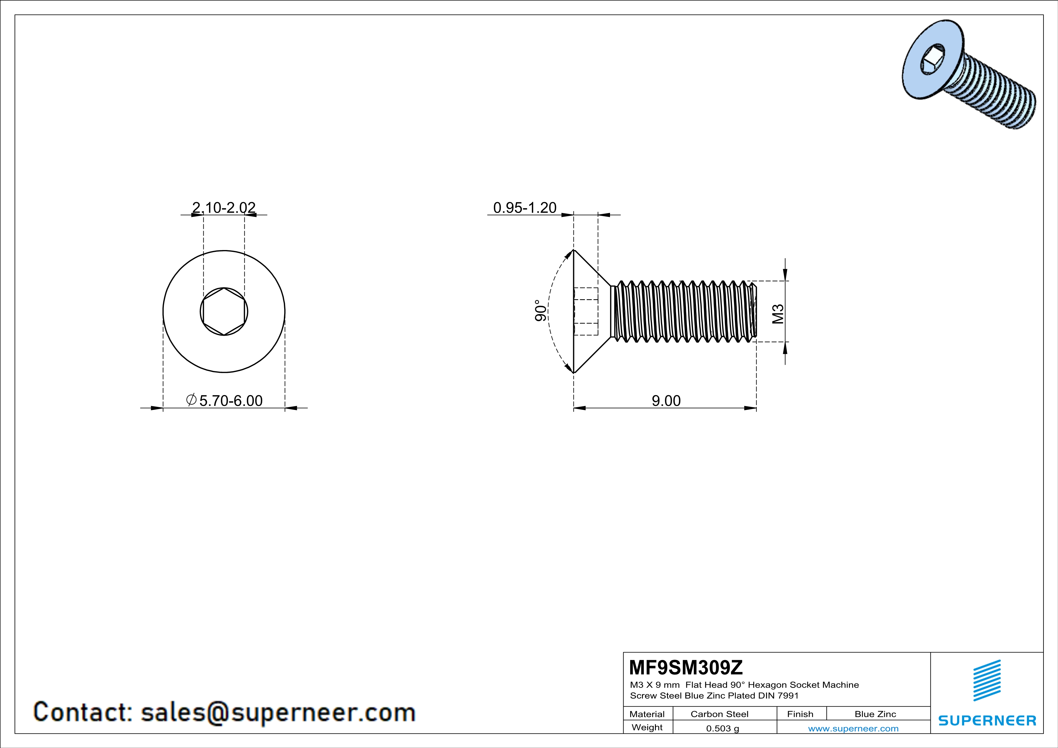 M3 x 9 mm Flat Head 90° Hexagon Socket Machine Screw Steel Blue Zinc Plated DIN 7991