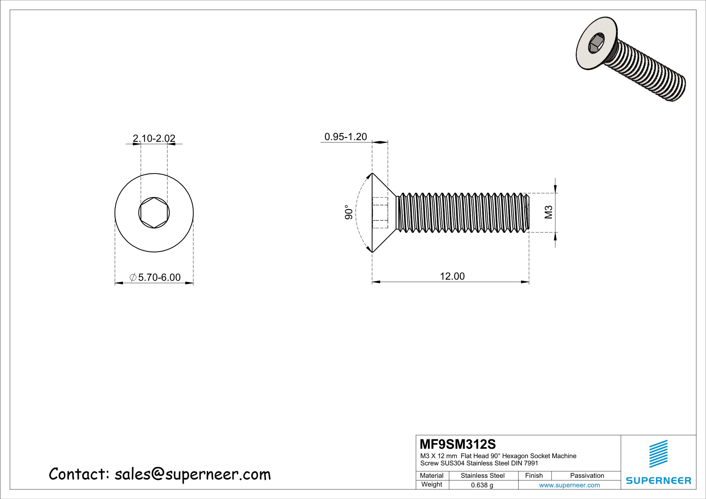 M3 x 12 mm Flat Head 90° Hexagon Socket Machine Screw SUS304 Stainless Steel Inox DIN 7991