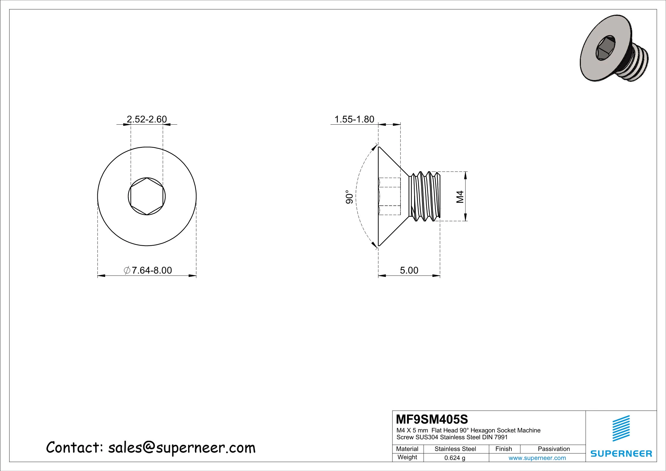 M4 x 5 mm Flat Head 90° Hexagon Socket Machine Screw SUS304 Stainless Steel Inox DIN 7991