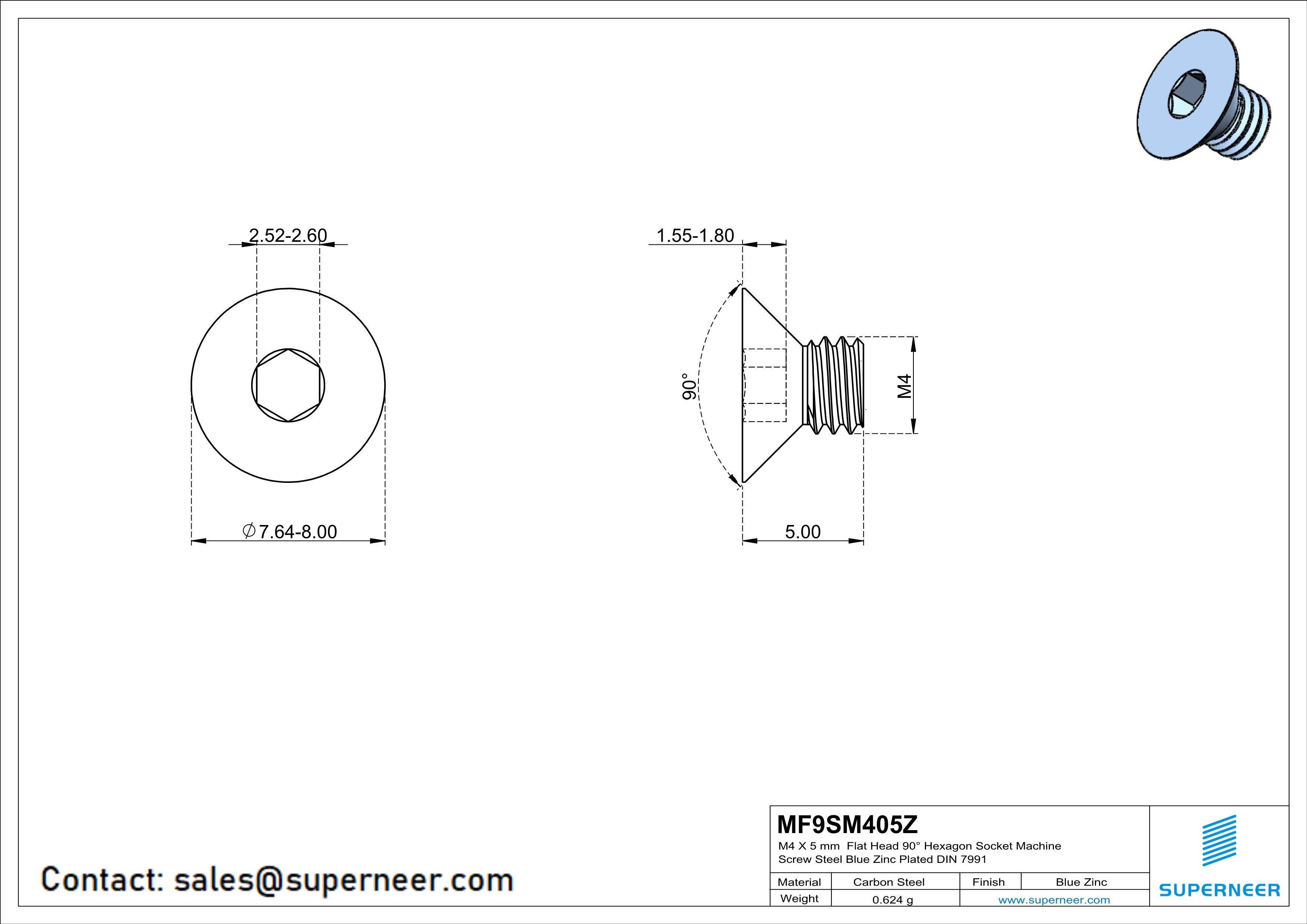 M4 x 5 mm Flat Head 90° Hexagon Socket Machine Screw Steel Blue Zinc Plated DIN 7991