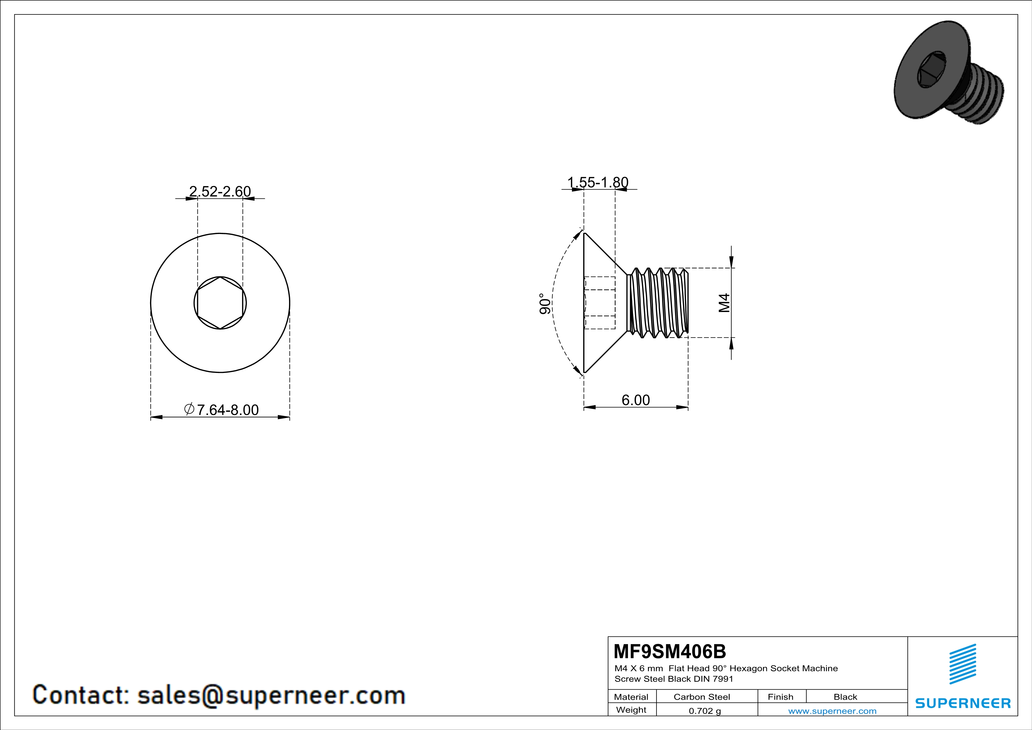 M4 x 6 mm Flat Head 90° Hexagon Socket Machine Screw Steel Black DIN 7991