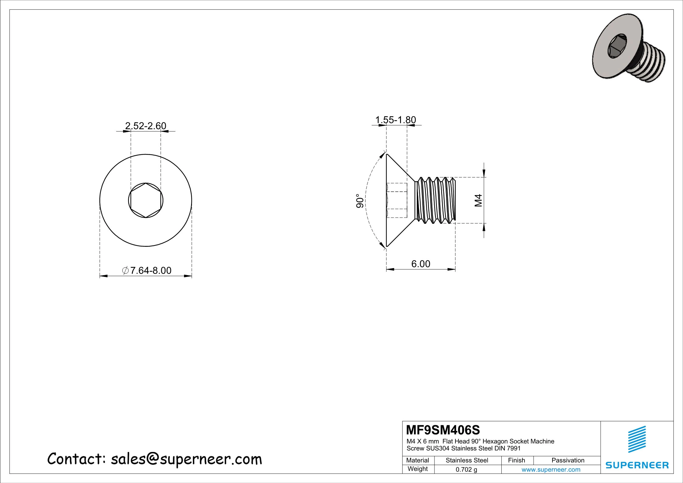 M4 x 6 mm Flat Head 90° Hexagon Socket Machine Screw SUS304 Stainless Steel Inox DIN 7991