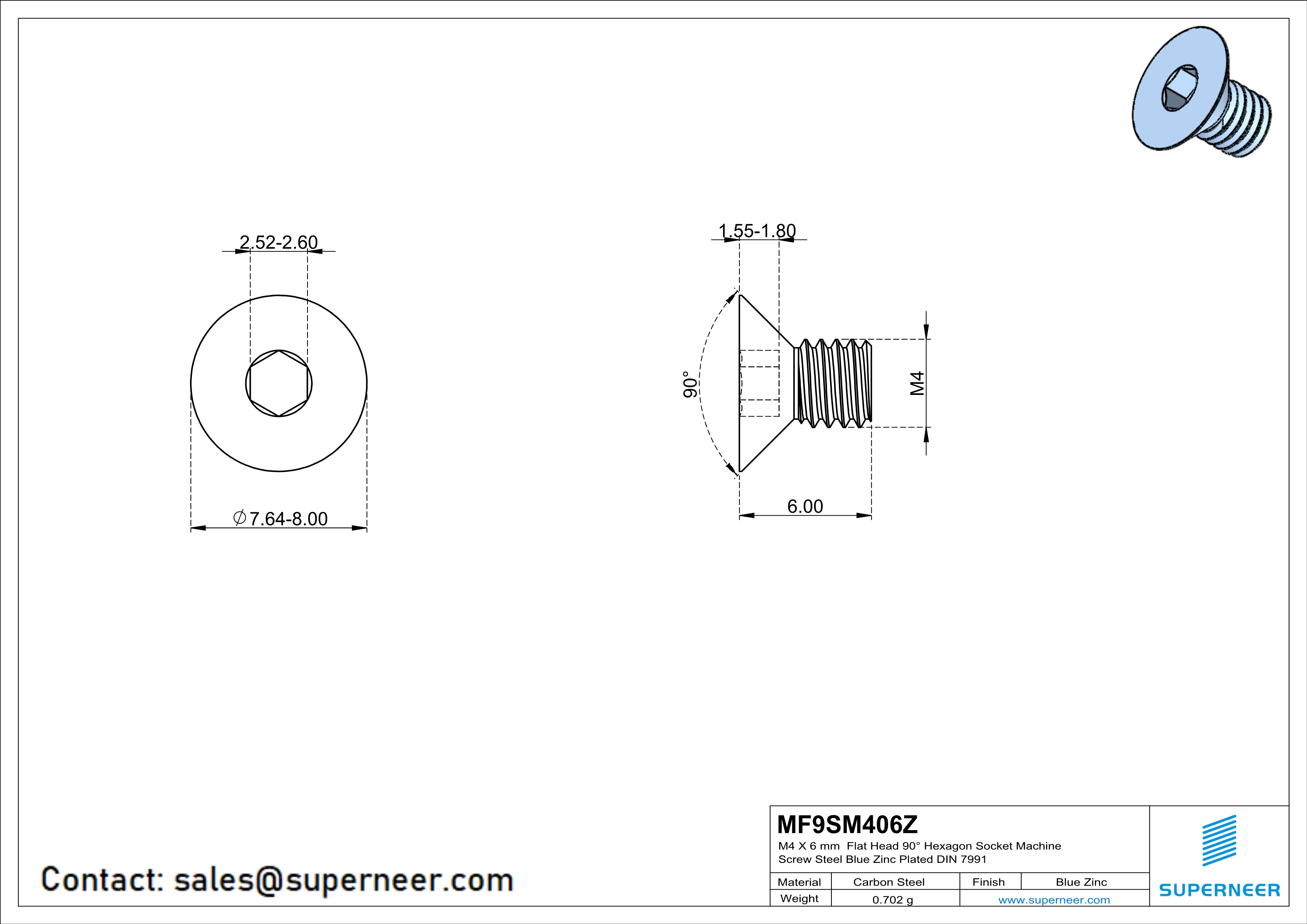 M4 x 6 mm Flat Head 90° Hexagon Socket Machine Screw Steel Blue Zinc Plated DIN 7991