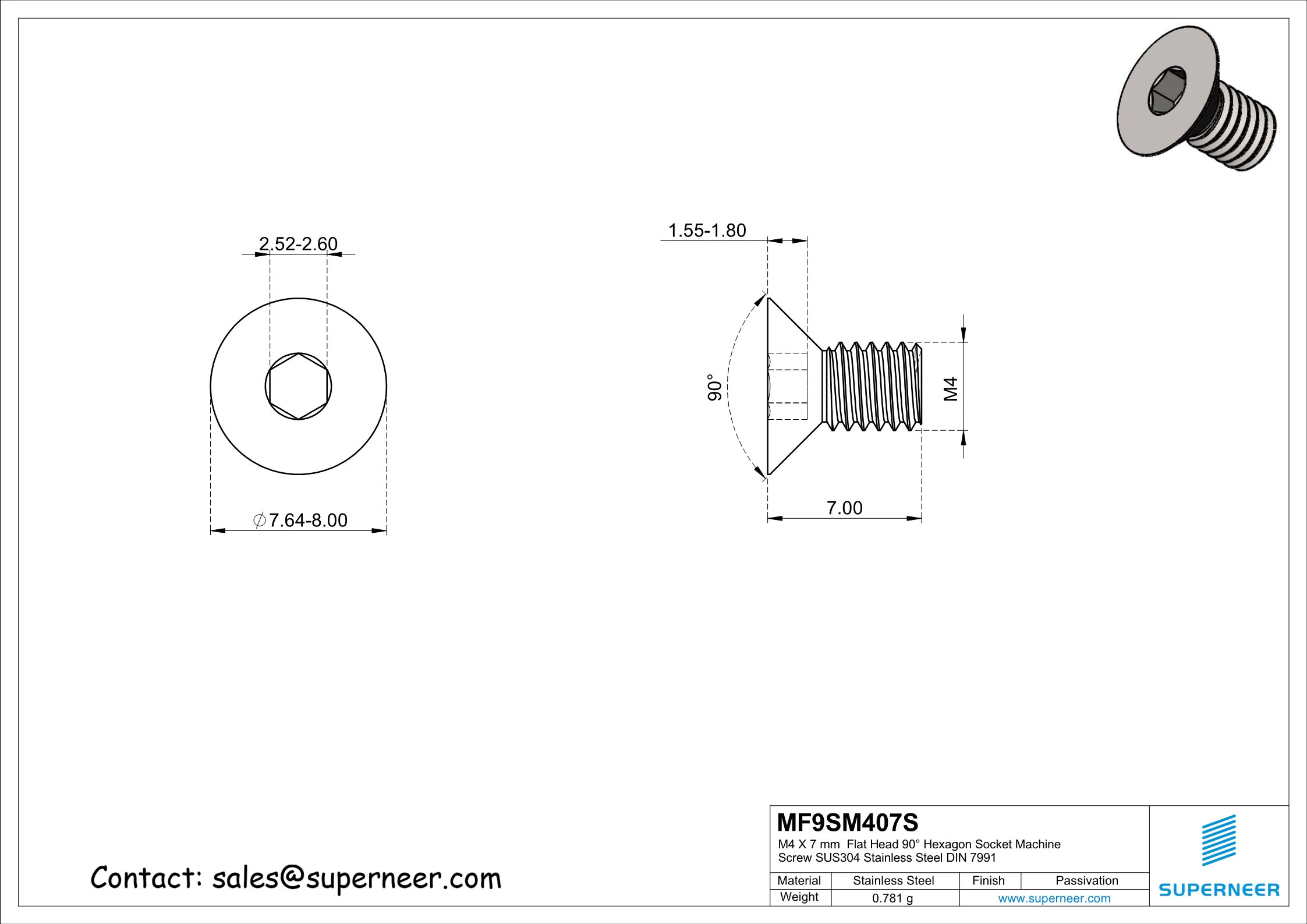 M4 x 7 mm Flat Head 90° Hexagon Socket Machine Screw SUS304 Stainless Steel Inox DIN 7991