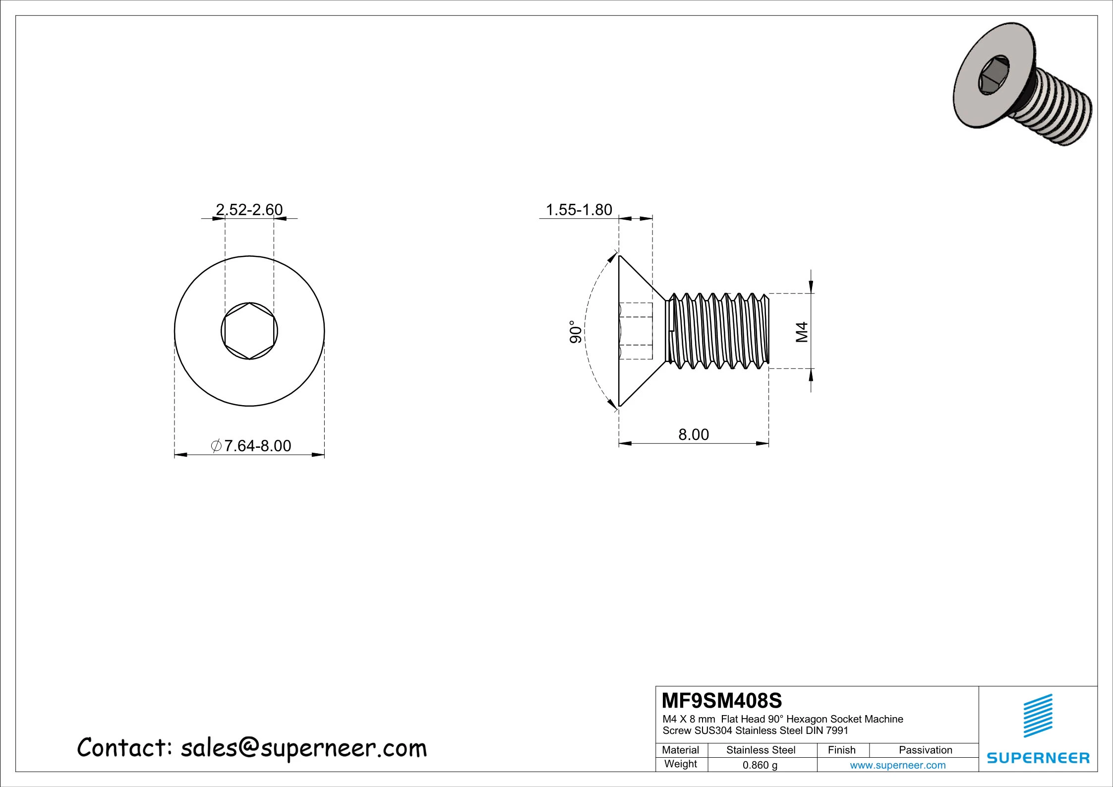 M4 x 8 mm Flat Head 90° Hexagon Socket Machine Screw SUS304 Stainless Steel Inox DIN 7991