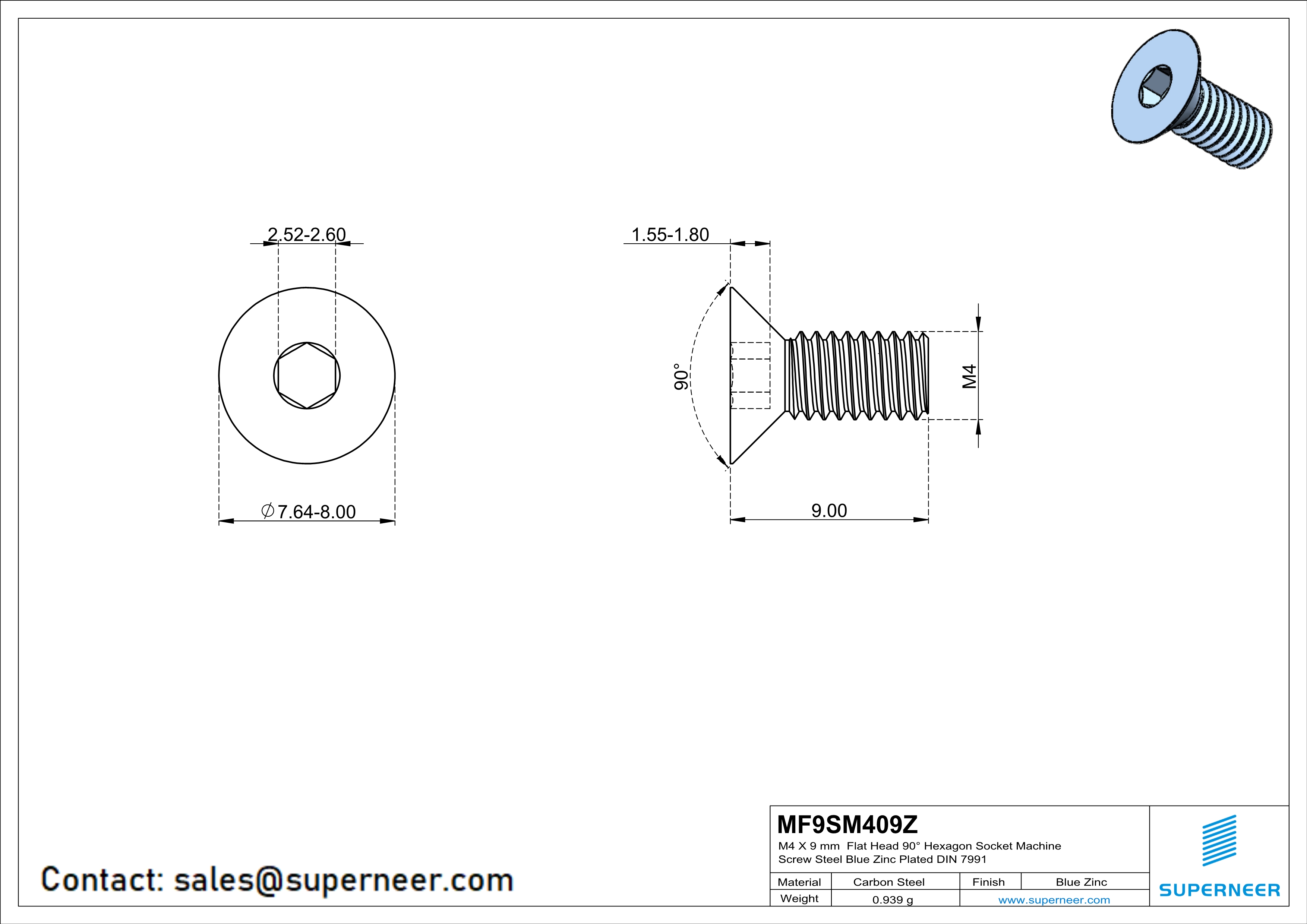 M4 x 9 mm Flat Head 90° Hexagon Socket Machine Screw Steel Blue Zinc Plated DIN 7991