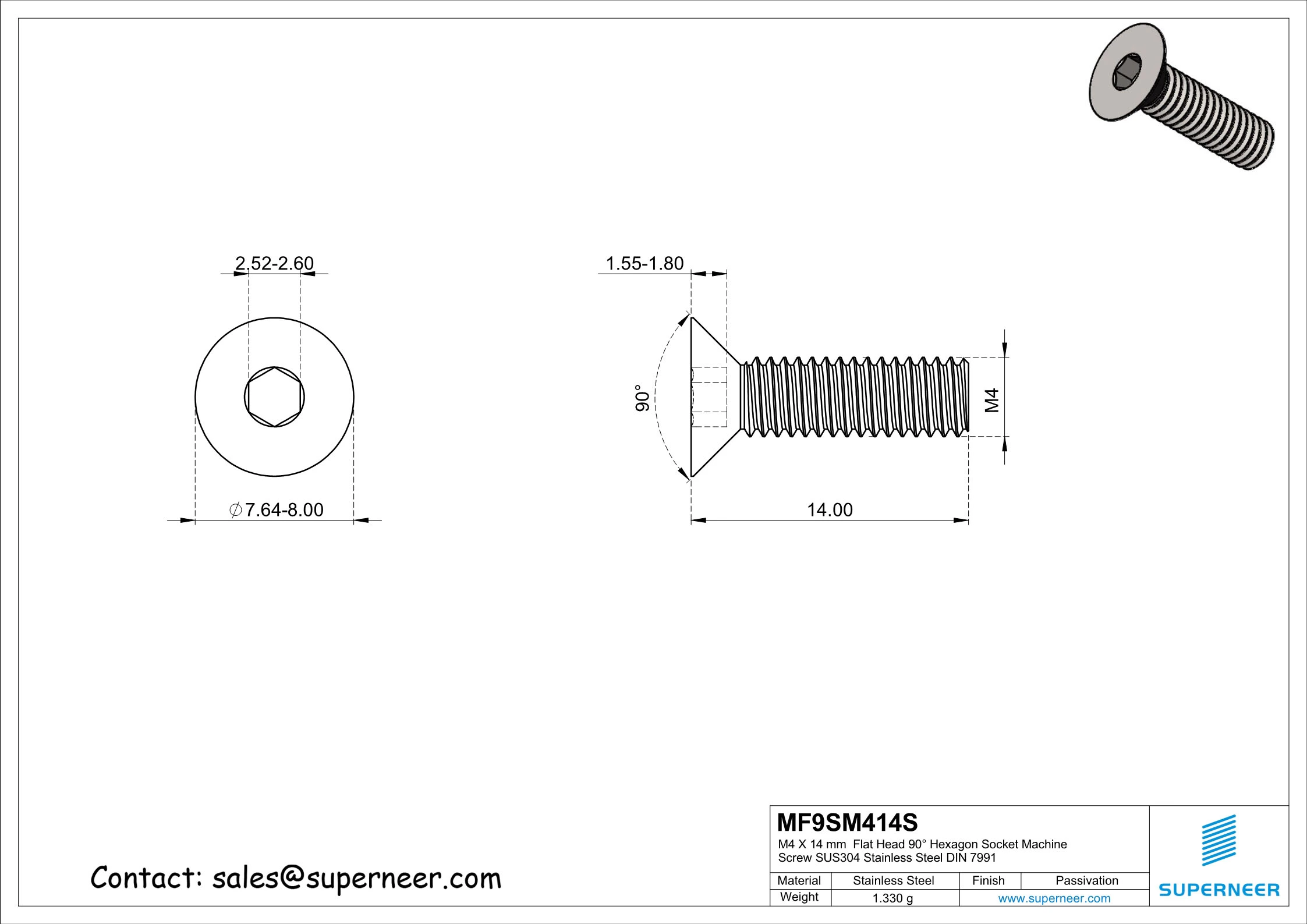 M4 x 14 mm Flat Head 90° Hexagon Socket Machine Screw SUS304 Stainless Steel Inox DIN 7991