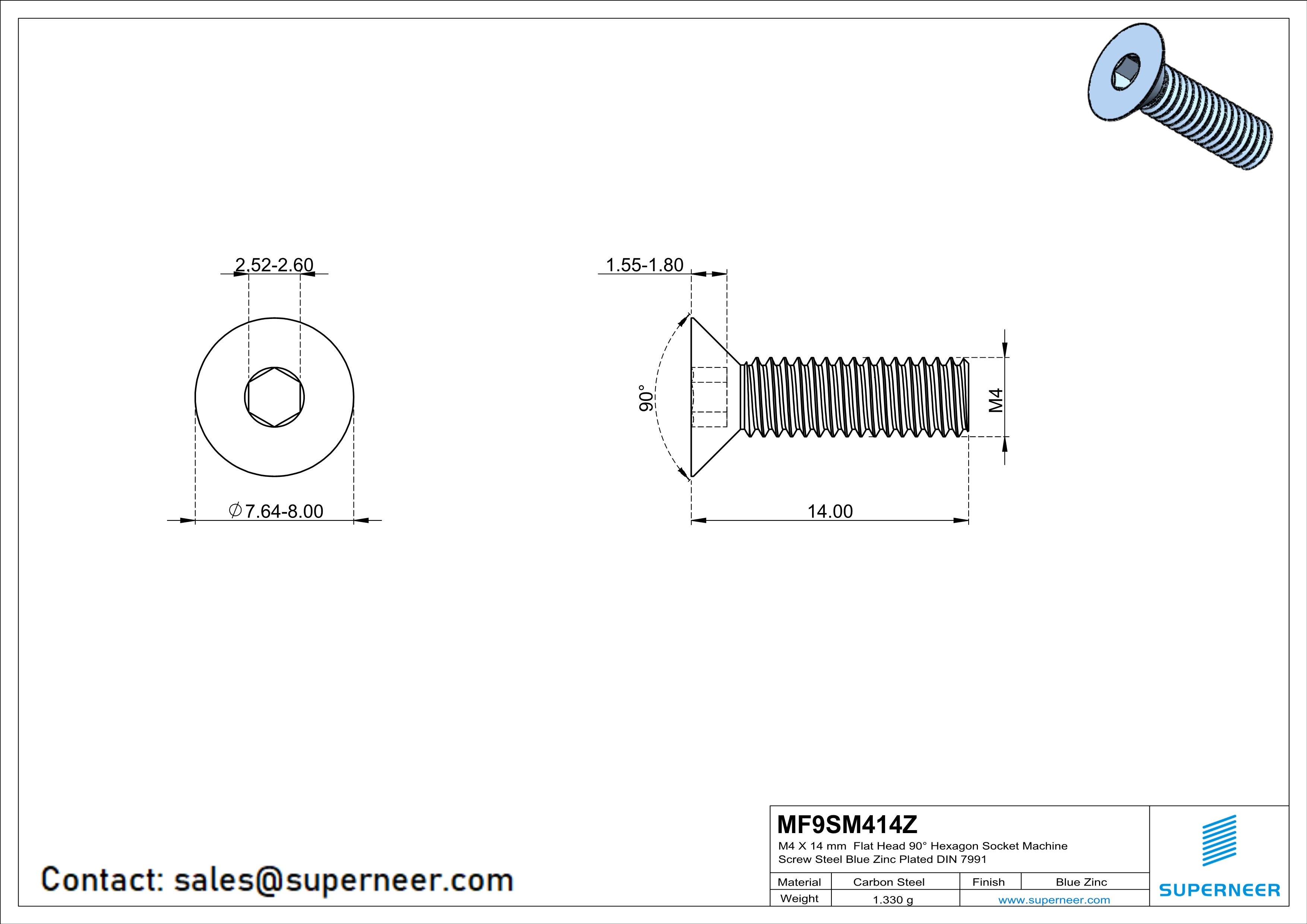 M4 x 14 mm Flat Head 90° Hexagon Socket Machine Screw Steel Blue Zinc Plated DIN 7991