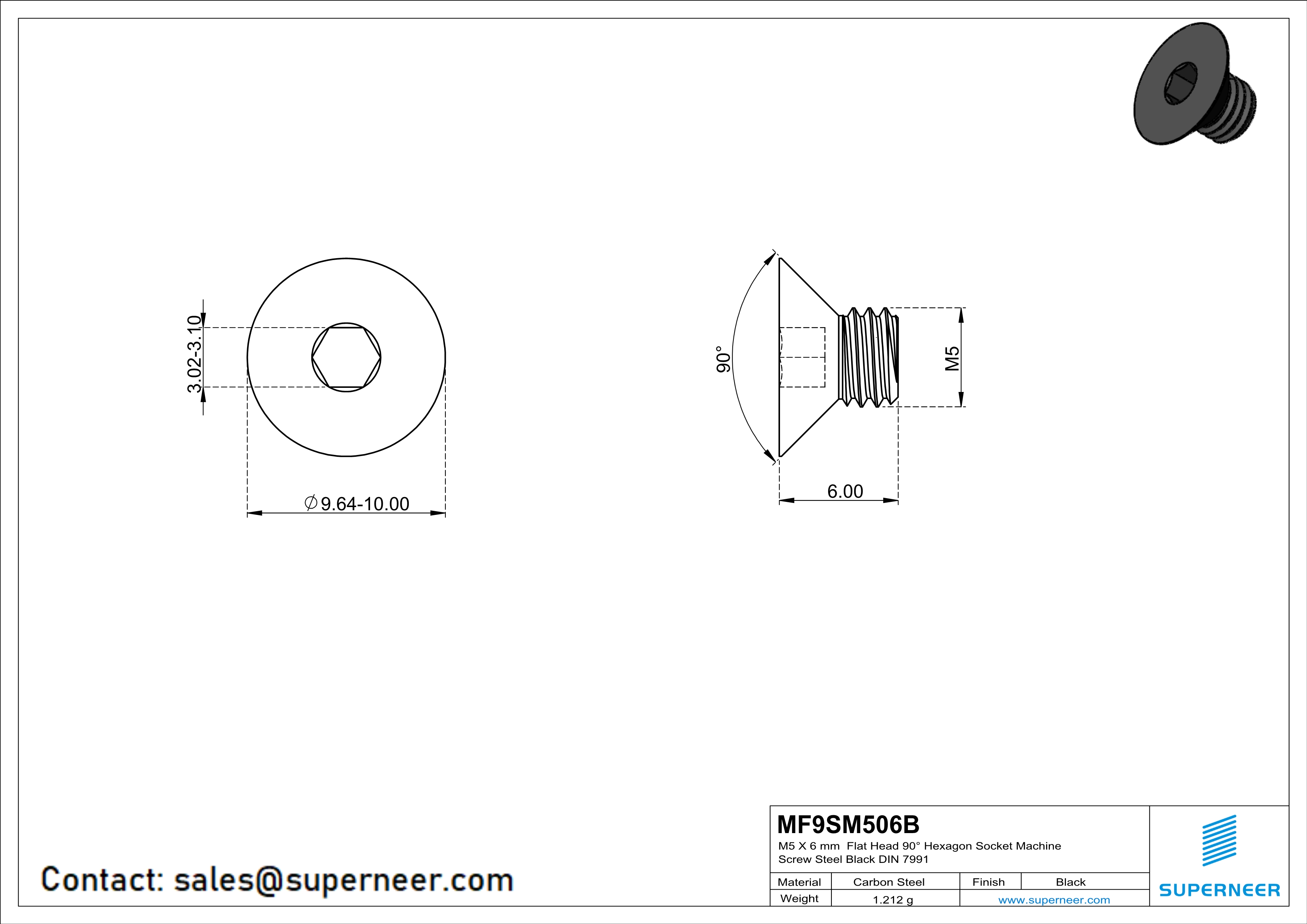 M5 x 6 mm Flat Head 90° Hexagon Socket Machine Screw Steel Black DIN 7991