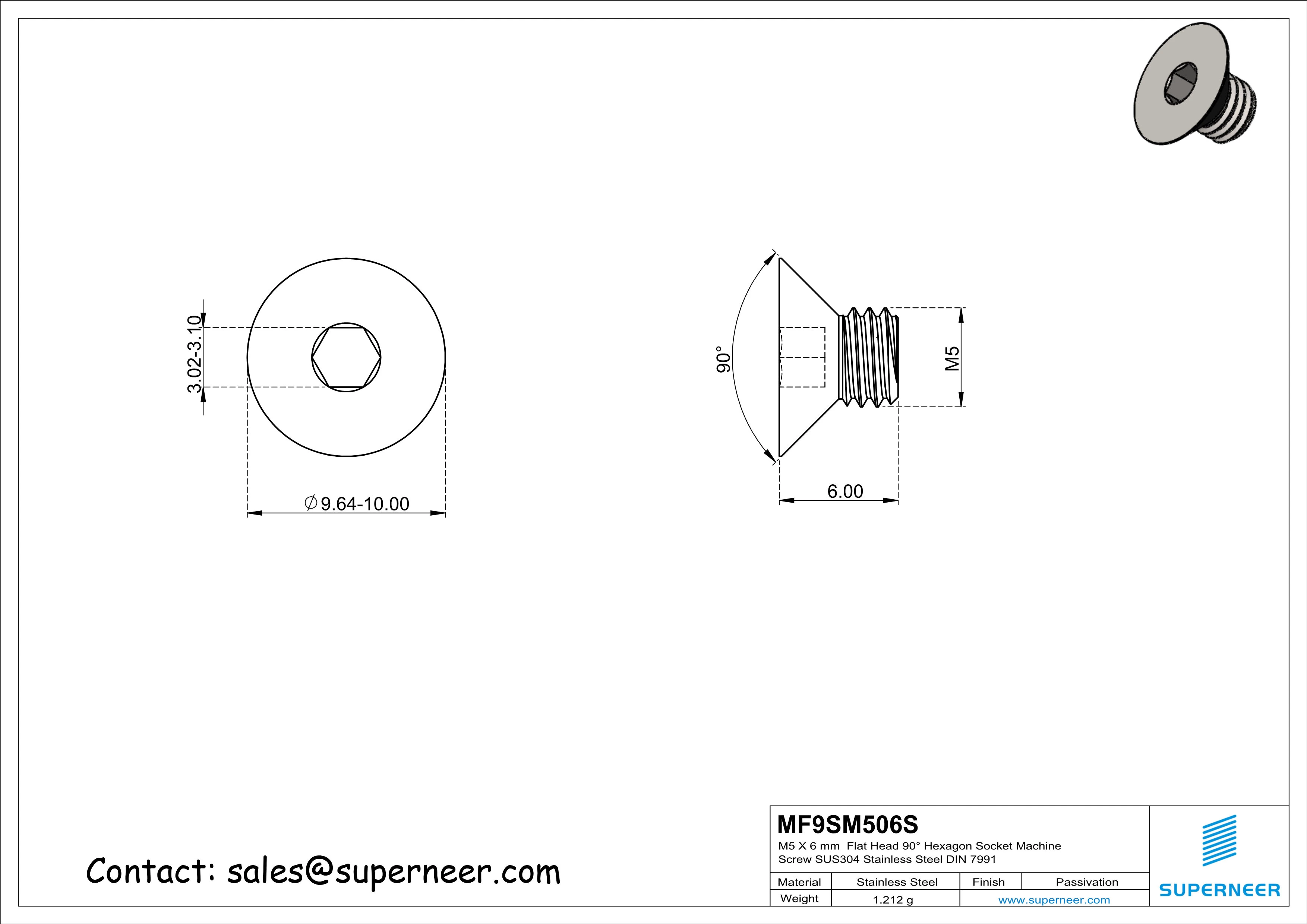 M5 x 6 mm Flat Head 90° Hexagon Socket Machine Screw SUS304 Stainless Steel Inox DIN 7991