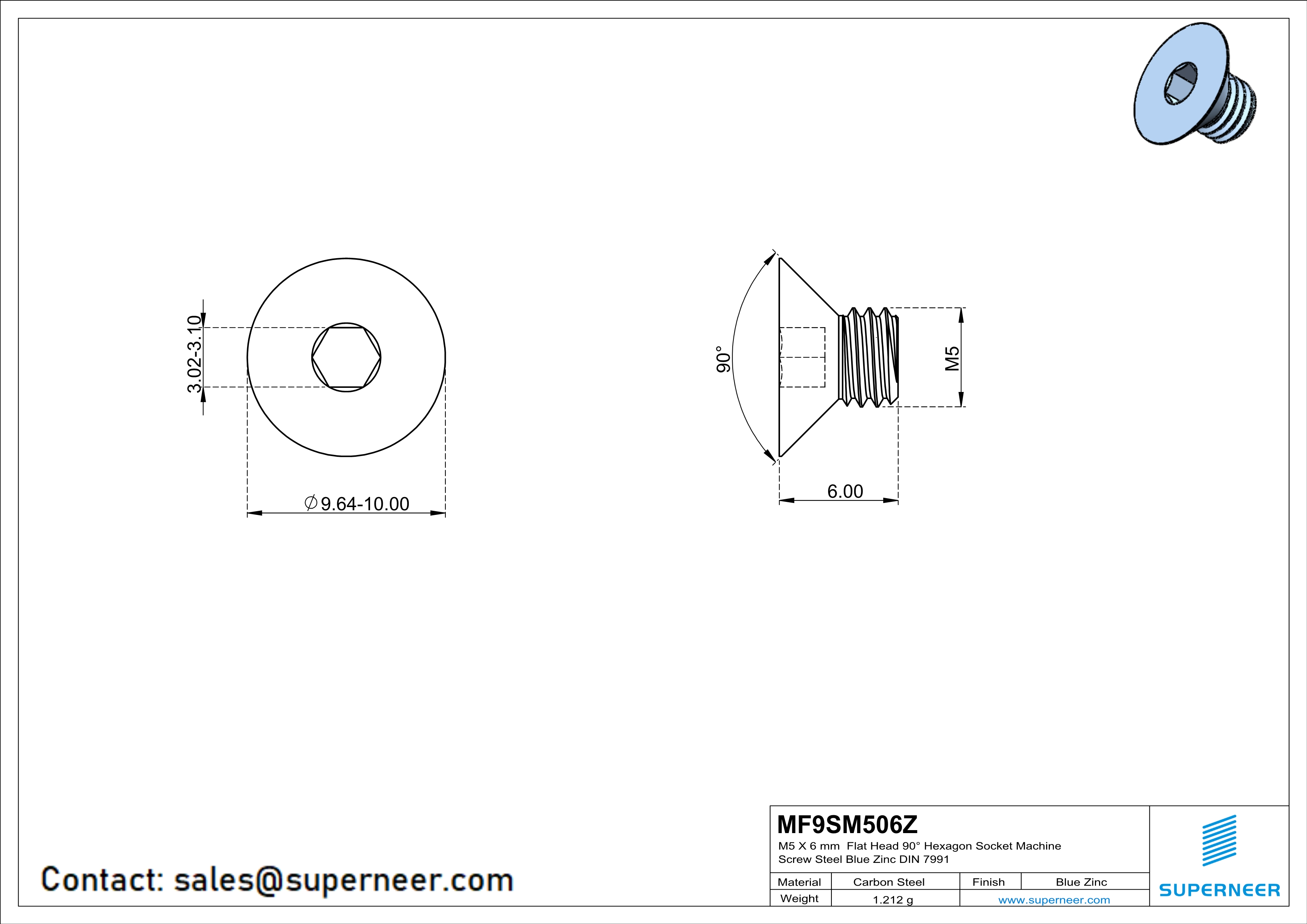 M5 x 6 mm Flat Head 90° Hexagon Socket Machine Screw Steel Blue Zinc Plated DIN 7991