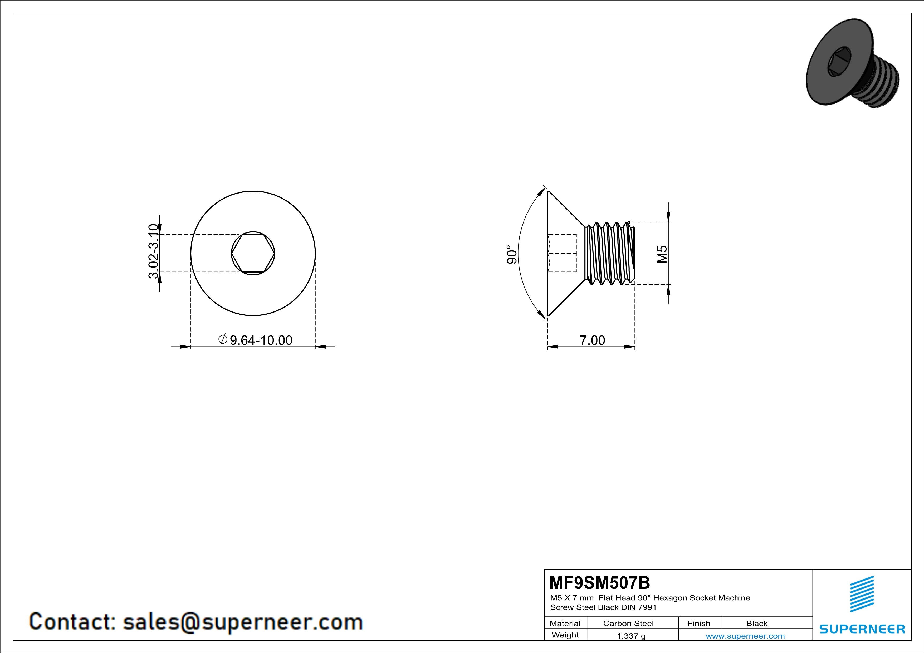 M5 x 7 mm Flat Head 90° Hexagon Socket Machine Screw Steel Black DIN 7991