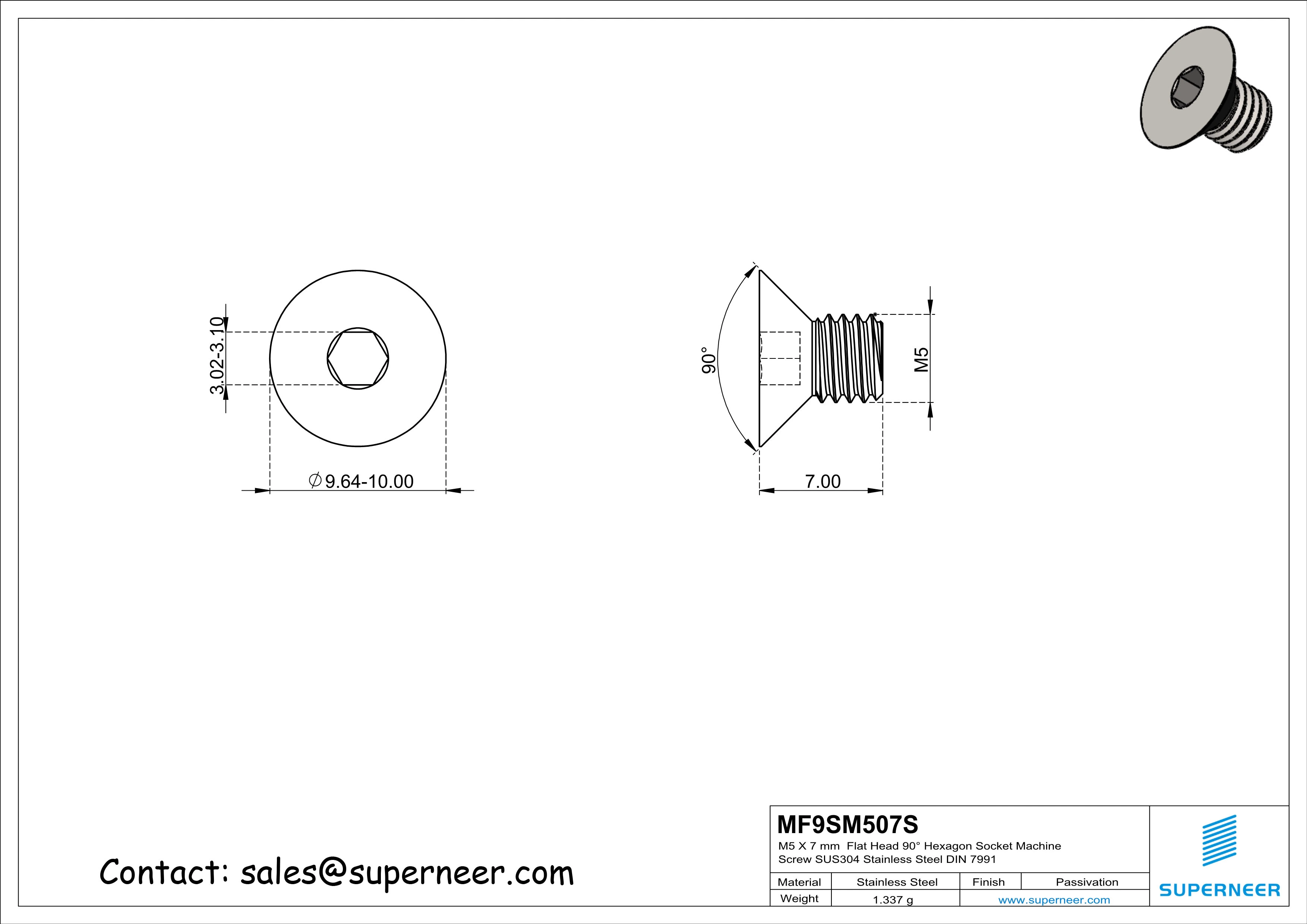 M5 x 7 mm Flat Head 90° Hexagon Socket Machine Screw SUS304 Stainless Steel Inox DIN 7991