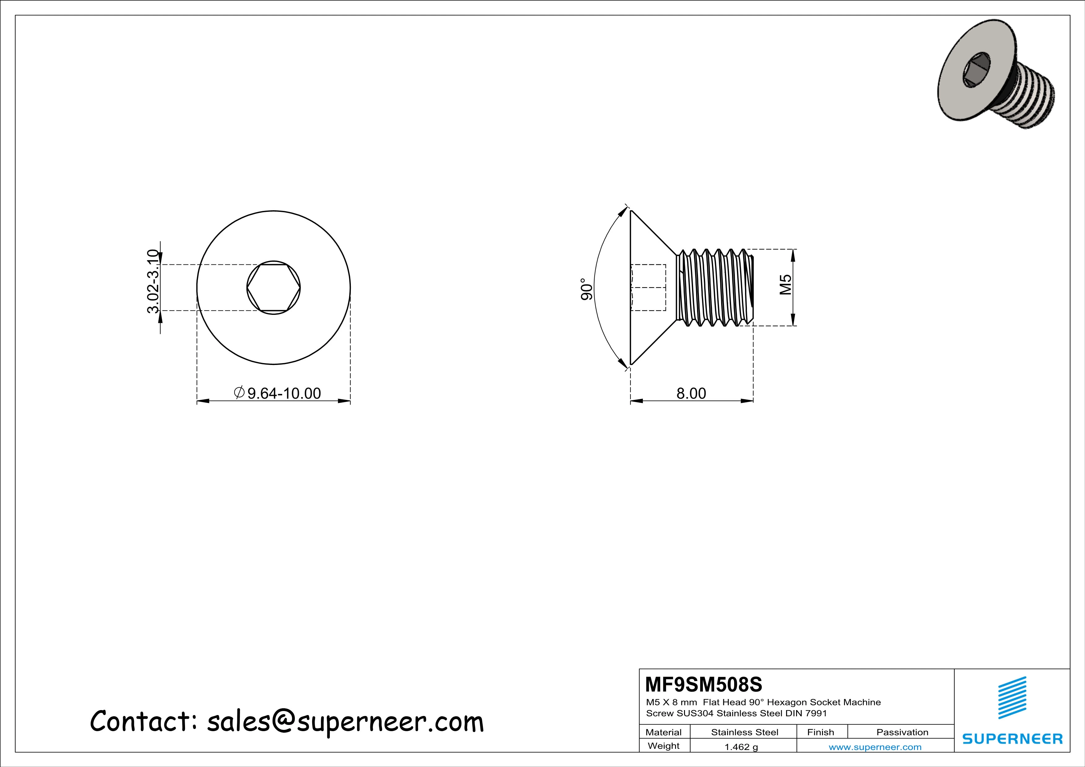 M5 x 8 mm Flat Head 90° Hexagon Socket Machine Screw SUS304 Stainless Steel Inox DIN 7991