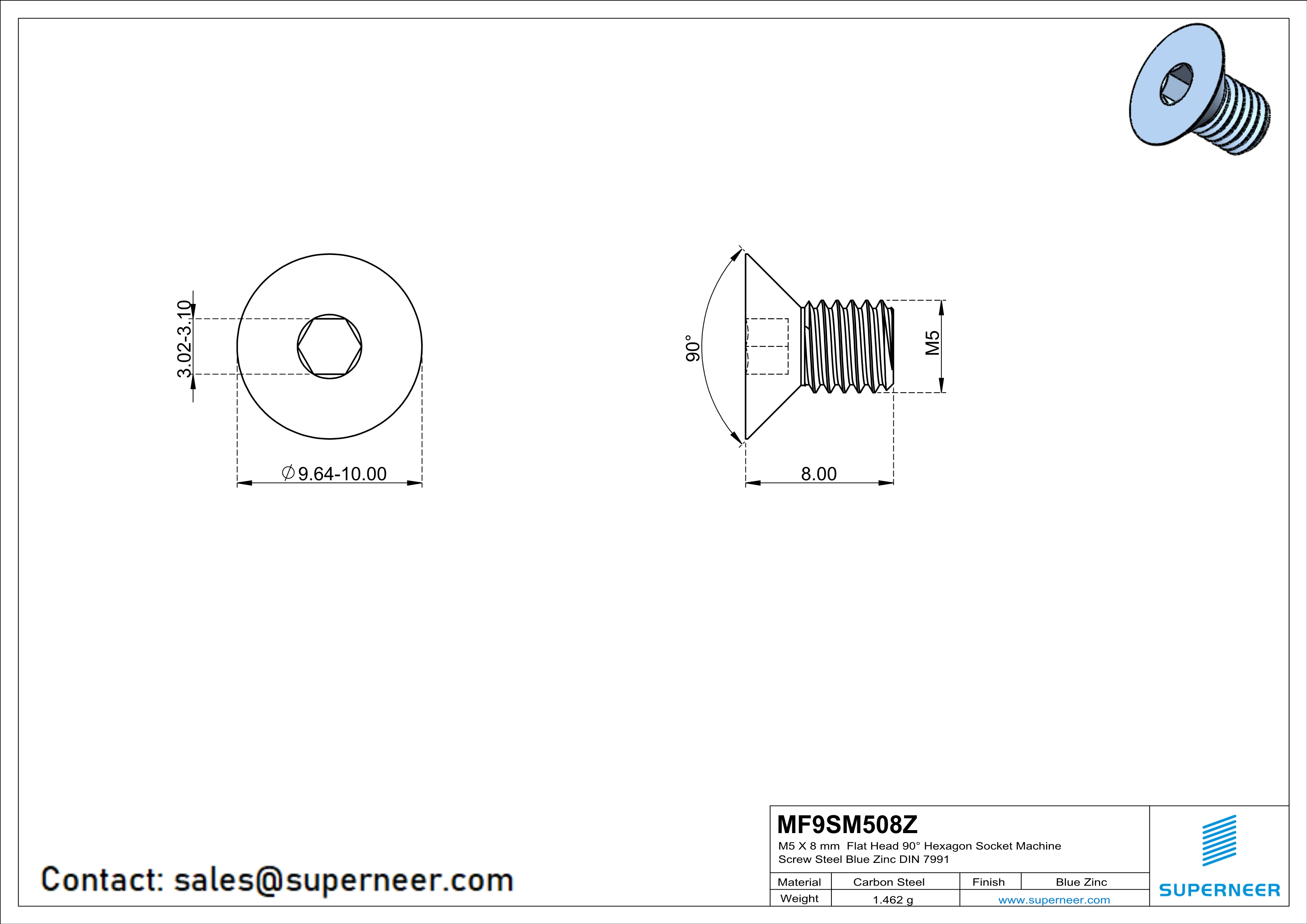 M5 x 8 mm Flat Head 90° Hexagon Socket Machine Screw Steel Blue Zinc Plated DIN 7991