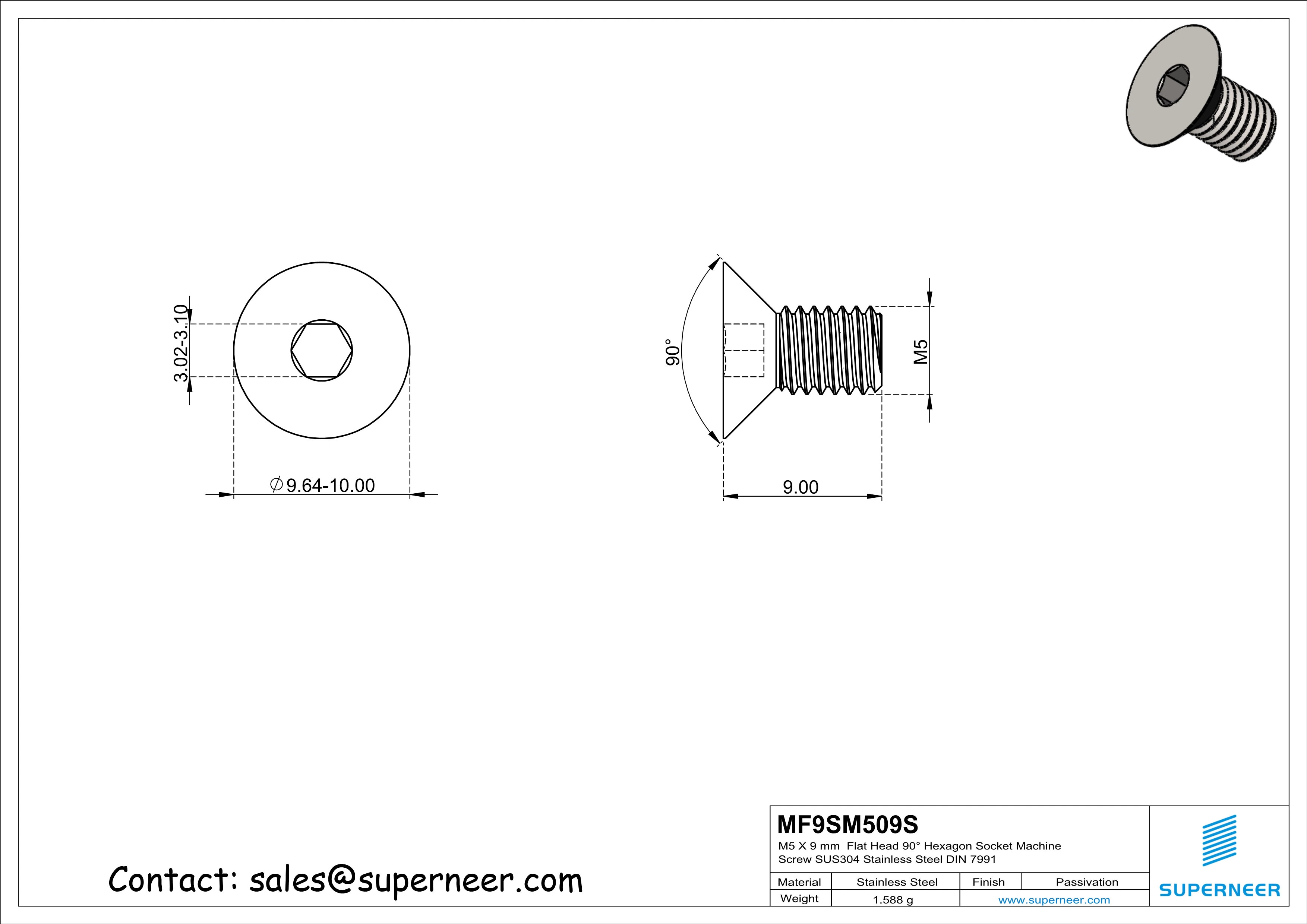 M5 x 9 mm Flat Head 90° Hexagon Socket Machine Screw SUS304 Stainless Steel Inox DIN 7991