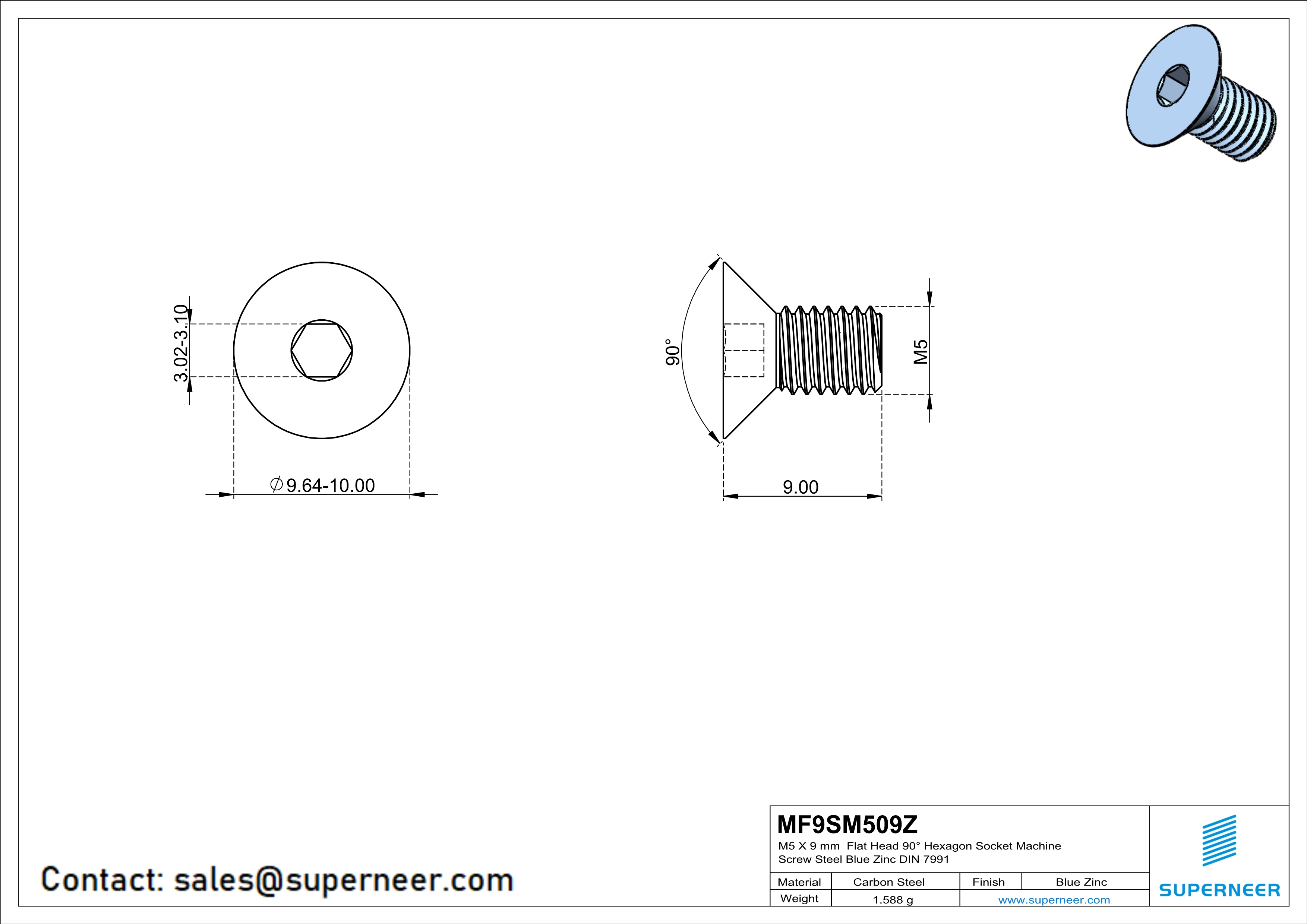 M5 x 9 mm Flat Head 90° Hexagon Socket Machine Screw Steel Blue Zinc Plated DIN 7991