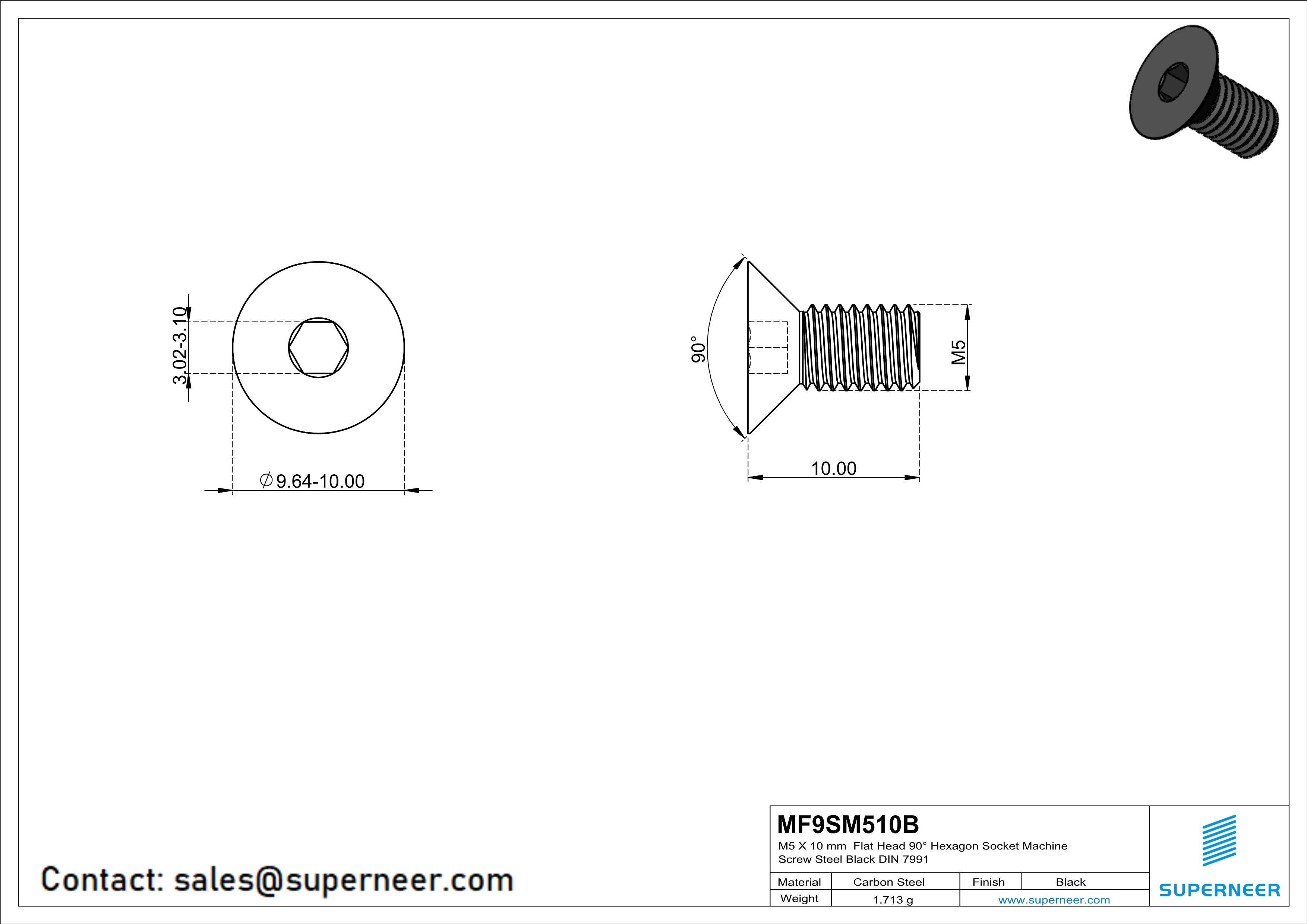 M5 x 10 mm Flat Head 90° Hexagon Socket Machine Screw Steel Black DIN 7991