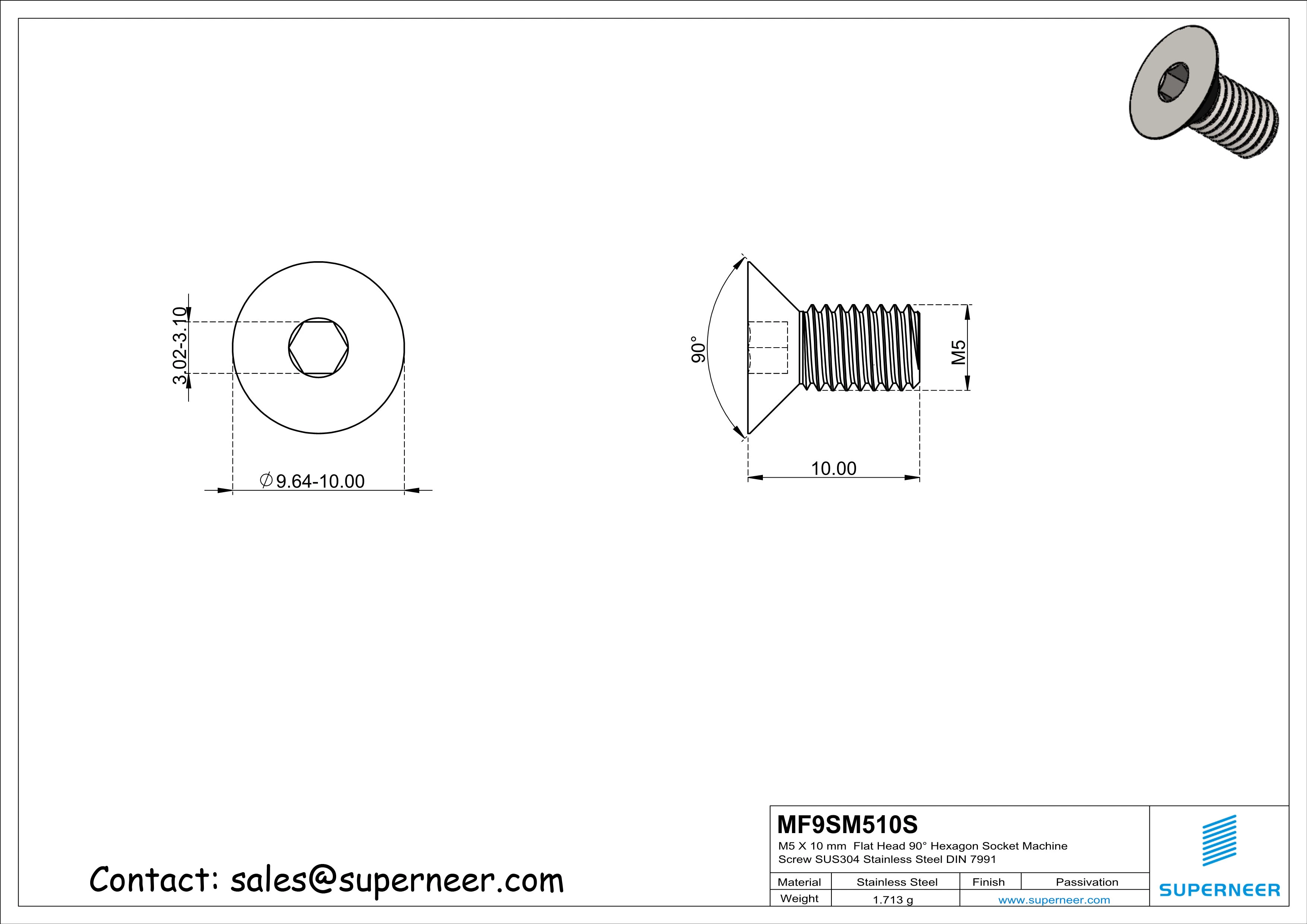 M5 x 10 mm Flat Head 90° Hexagon Socket Machine Screw SUS304 Stainless Steel Inox DIN 7991