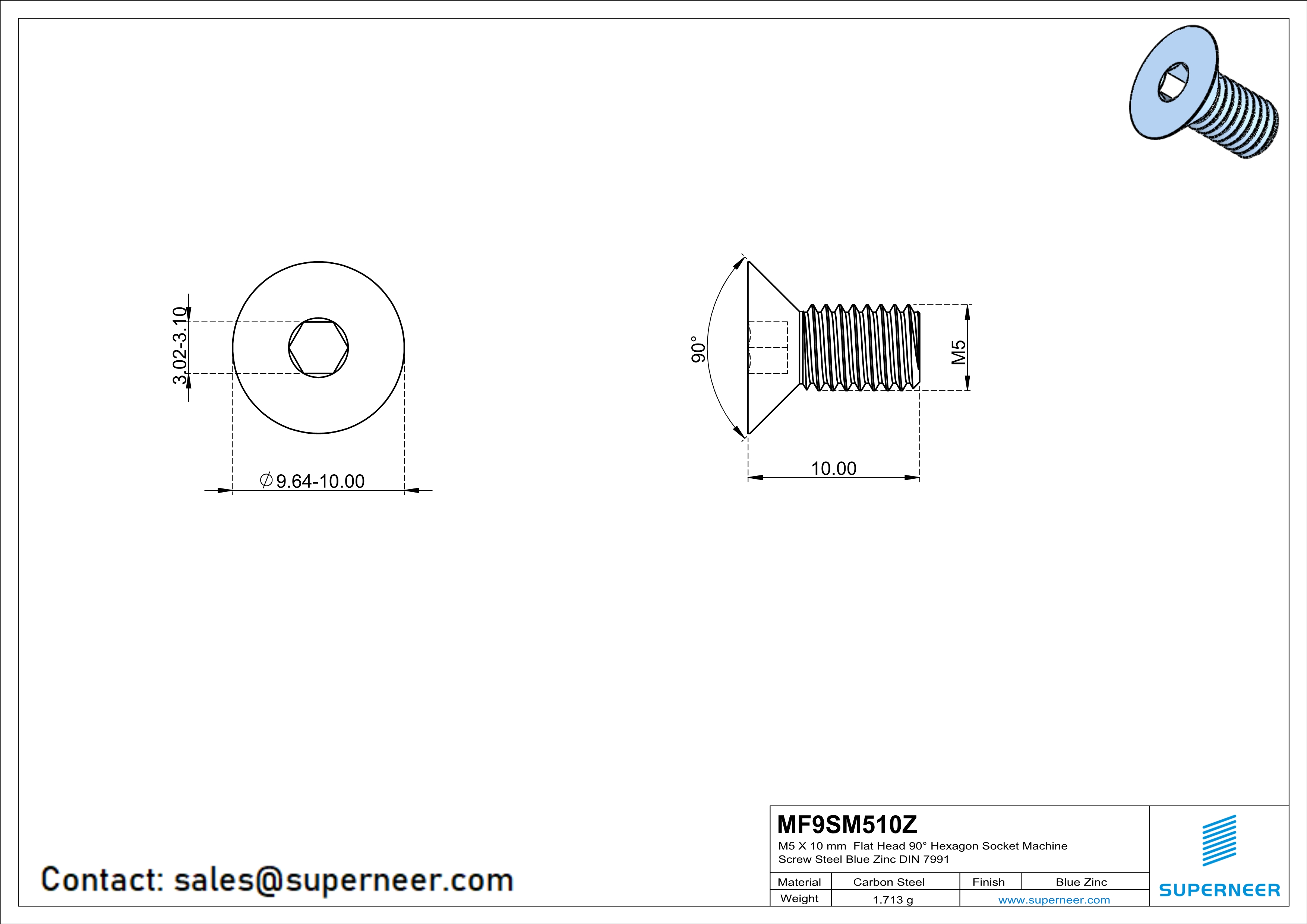 M5 x 10 mm Flat Head 90° Hexagon Socket Machine Screw Steel Blue Zinc Plated DIN 7991